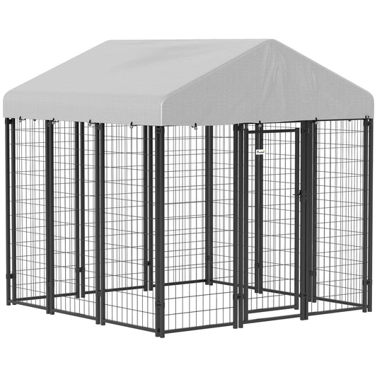 6' x 6' x 6' Outdoor Dog Kennel, Lockable Dog Run Crate with Waterproof UV-Resistant Cover, Welded Wire Steel Fence for Large Dogs, Silver