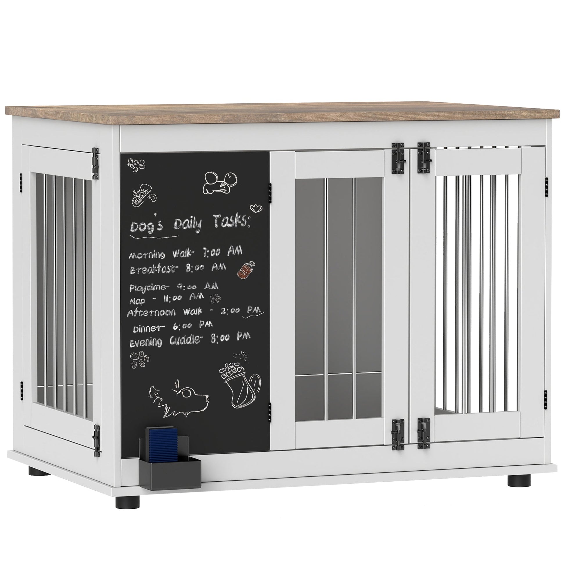39in Dog Crate Furniture, Dog Cage End Table with Three Doors, Blackboard, Non-slip Foot Pads, Dog Cage for Middle and Large Dogs, White