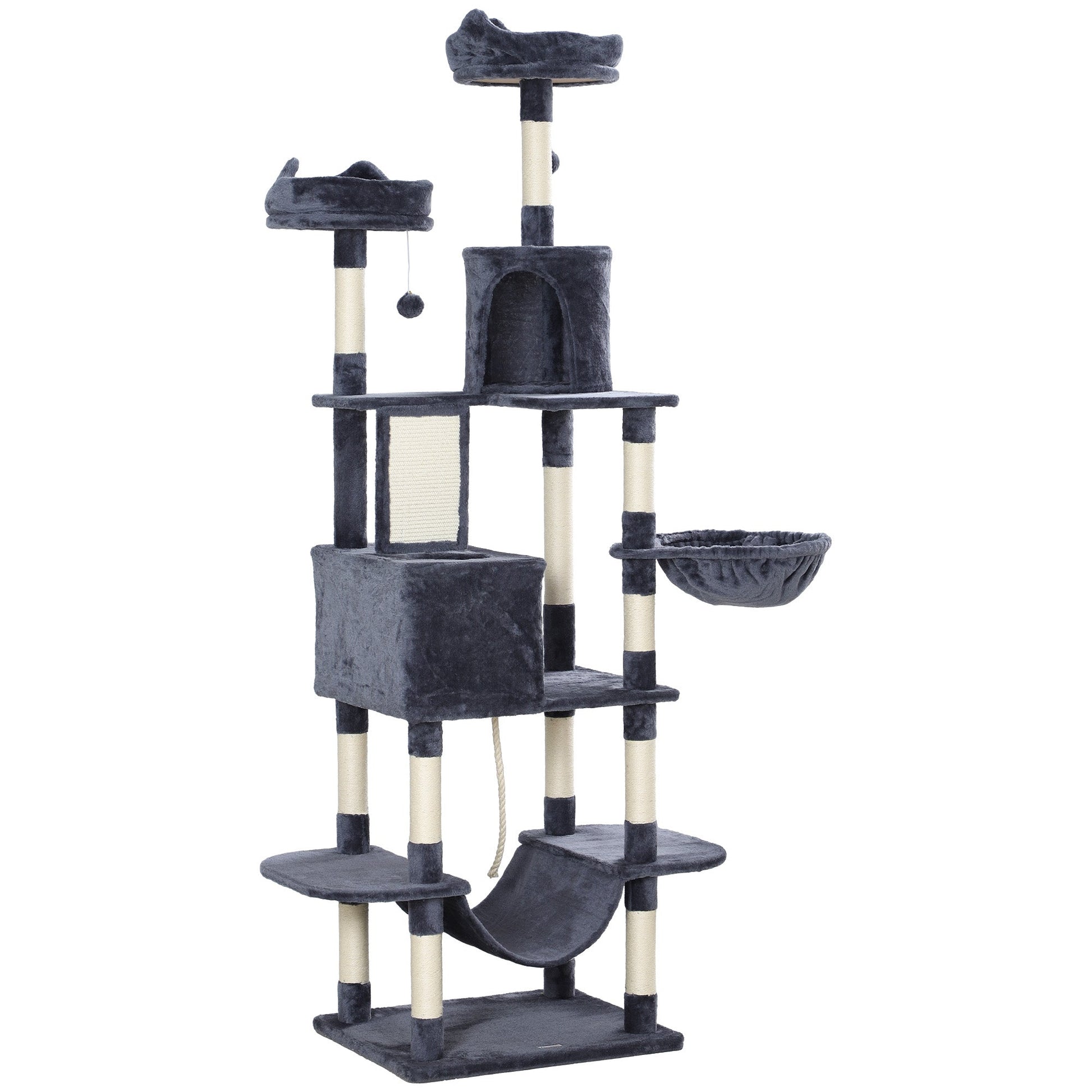 Cat Tower, 81" Cat Tree for Large Cats Adult w/ Scratching Posts, Scratching Board, Cat Condos, Cat Beds, Hammocks, Jumping Platforms, Toy Balls, Rope Cat Toy, Dark Grey