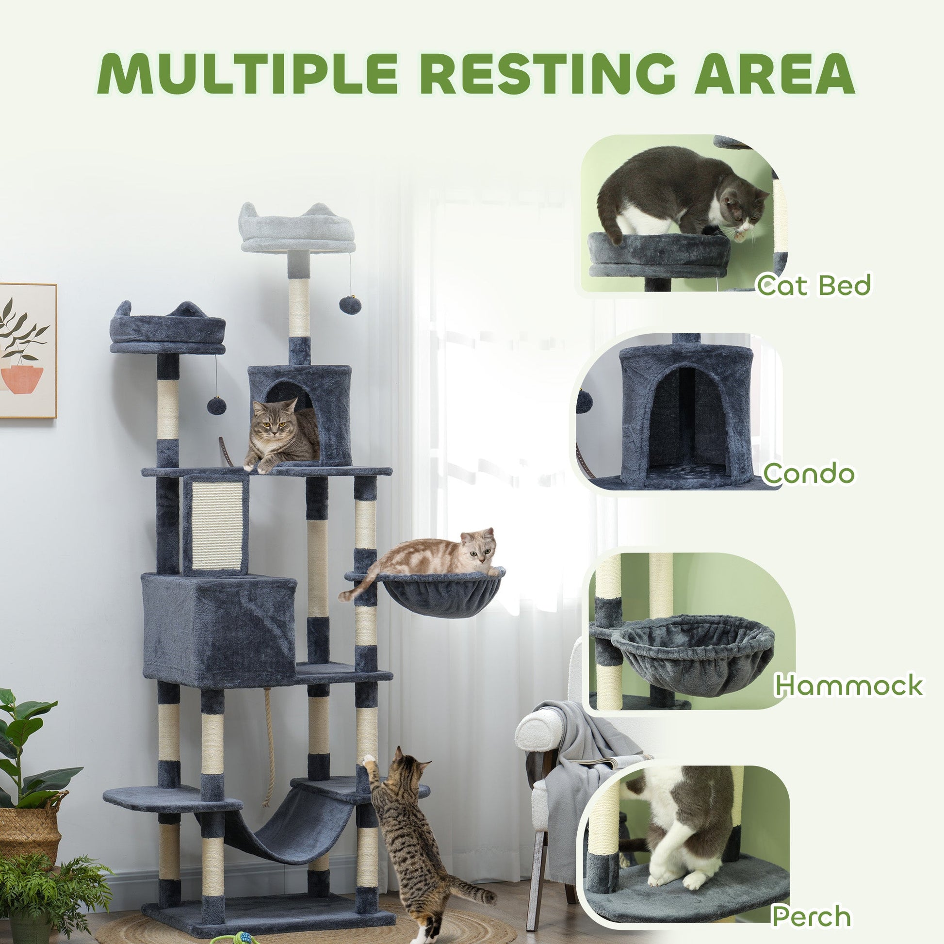 Cat Tower, 81" Cat Tree for Large Cats Adult w/ Scratching Posts, Scratching Board, Cat Condos, Cat Beds, Hammocks, Jumping Platforms, Toy Balls, Rope Cat Toy, Dark Grey