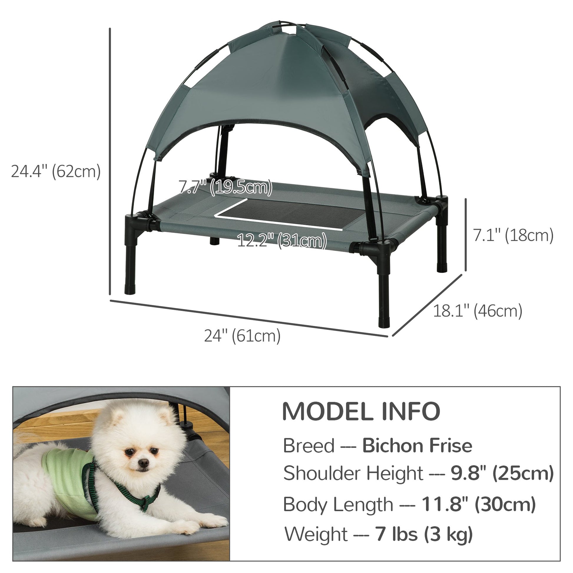 Elevated Dog Bed with Canopy, Portable Raised Dog Cot for S Sized Dogs, Indoor & Outdoor, 25" x 18" x 24", Grey