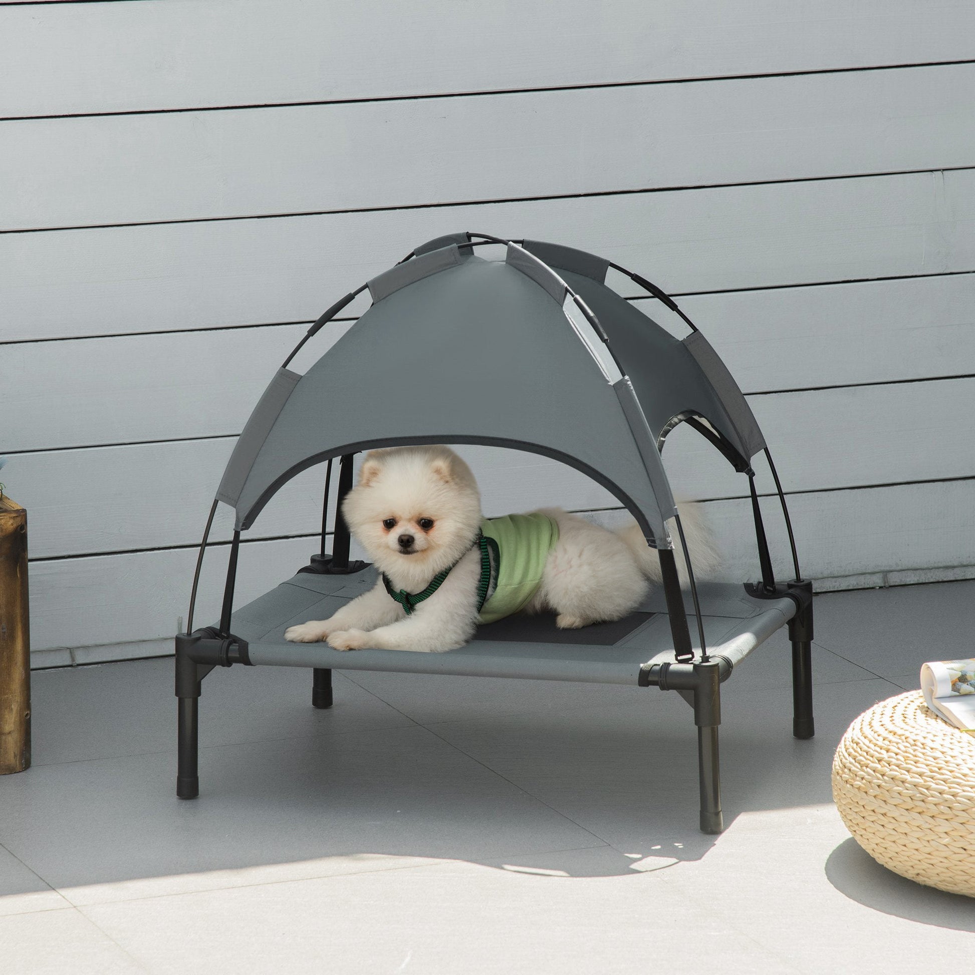 Elevated Dog Bed with Canopy, Portable Raised Dog Cot for S Sized Dogs, Indoor & Outdoor, 25" x 18" x 24", Grey