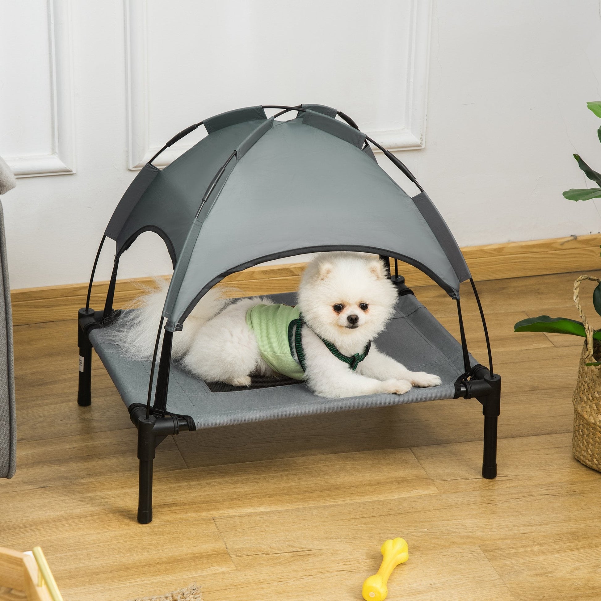 Elevated Dog Bed with Canopy, Portable Raised Dog Cot for S Sized Dogs, Indoor & Outdoor, 25" x 18" x 24", Grey