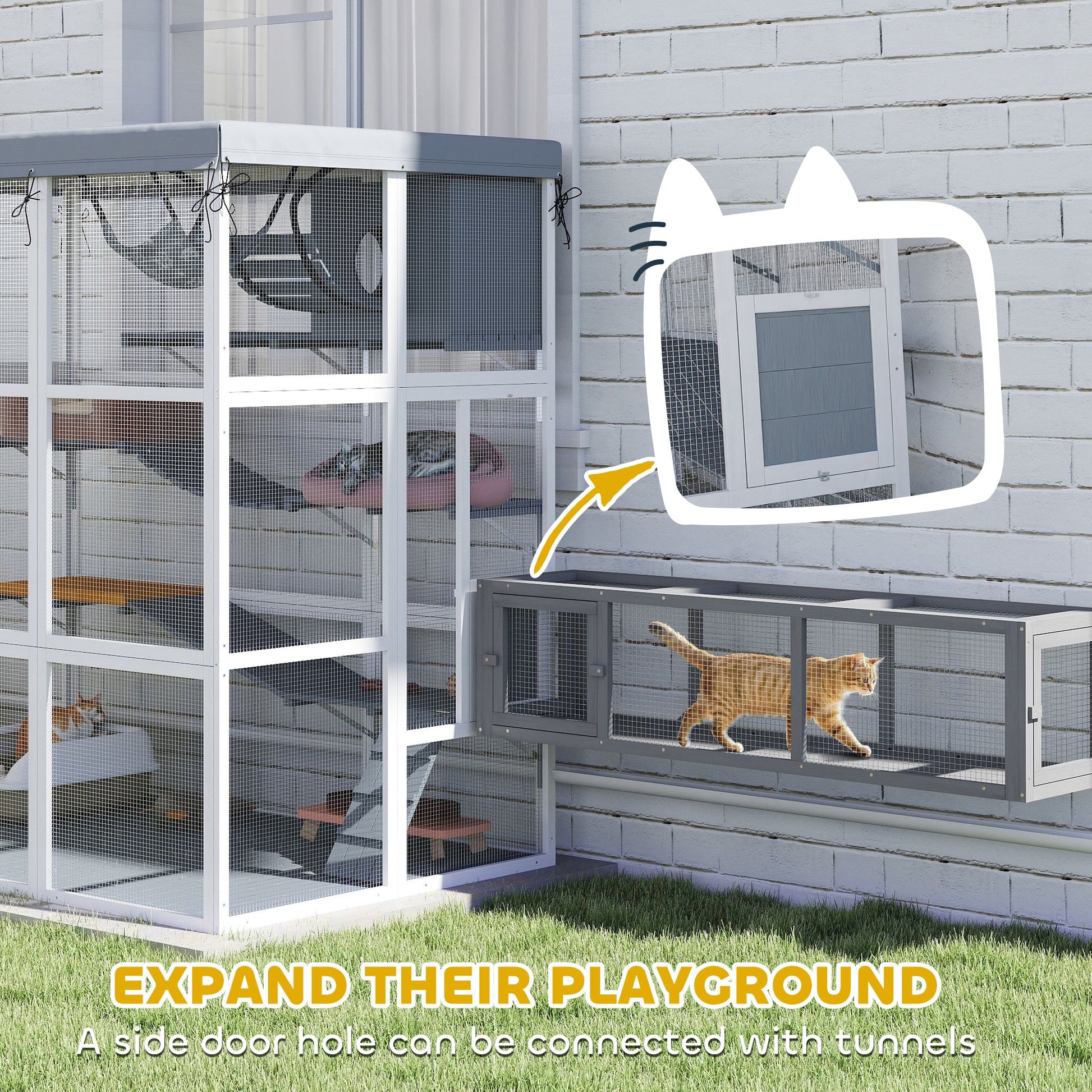 Catio Outdoor Cat Enclosure, 71" Large Wooden Cat House w/ Weatherproof Tarp, Walk-in Kitty Cage with Hammock, Condo, Platforms, Ladders, Ramps, for 2-4 Kittens, Grey