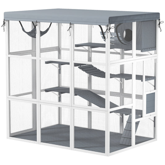 Catio Outdoor Cat Enclosure, 71" Large Wooden Cat House w/ Weatherproof Tarp, Walk-in Kitty Cage with Hammock, Condo, Platforms, Ladders, Ramps, for 2-4 Kittens, Grey