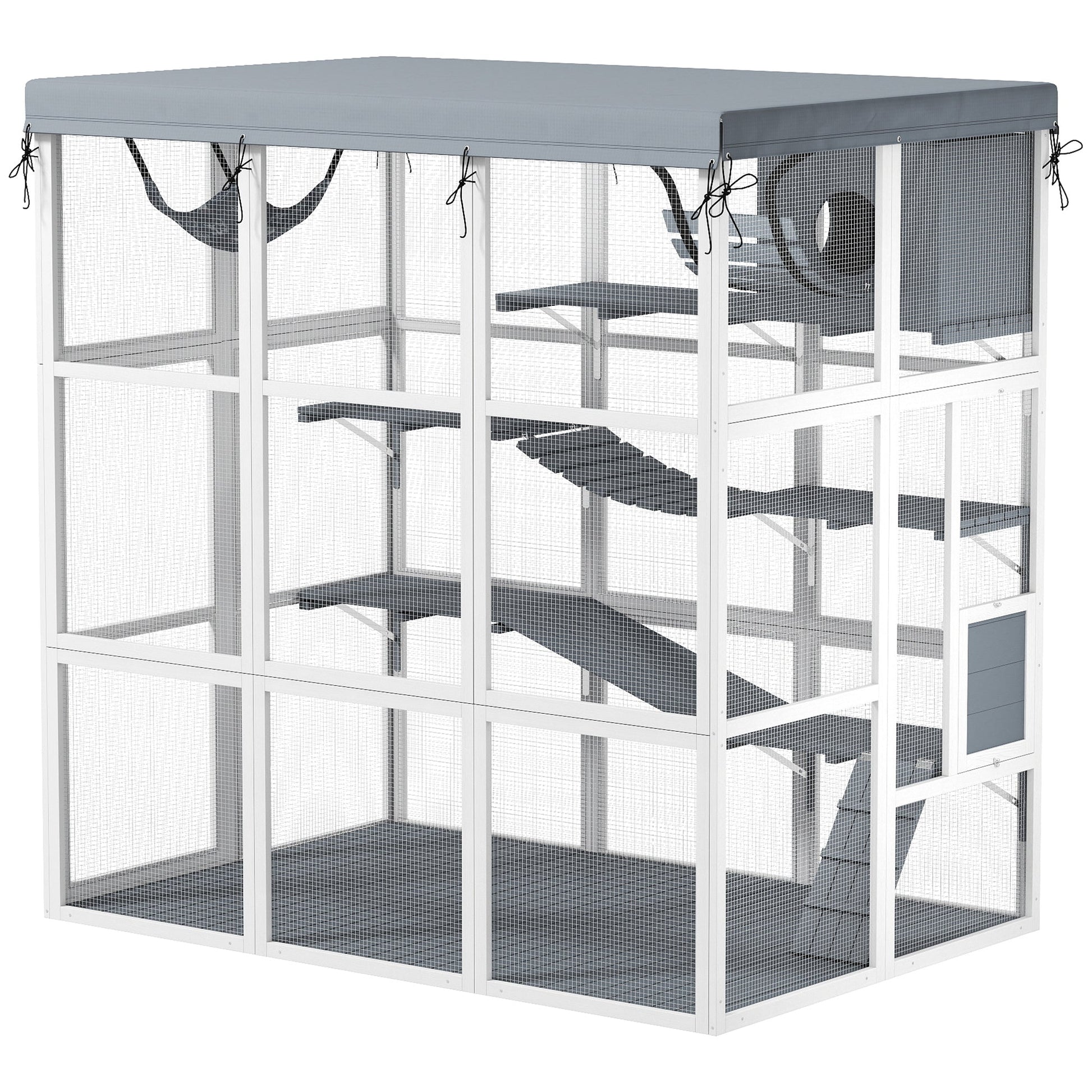 Catio Outdoor Cat Enclosure, 71" Large Wooden Cat House w/ Weatherproof Tarp, Walk-in Kitty Cage with Hammock, Condo, Platforms, Ladders, Ramps, for 2-4 Kittens, Grey
