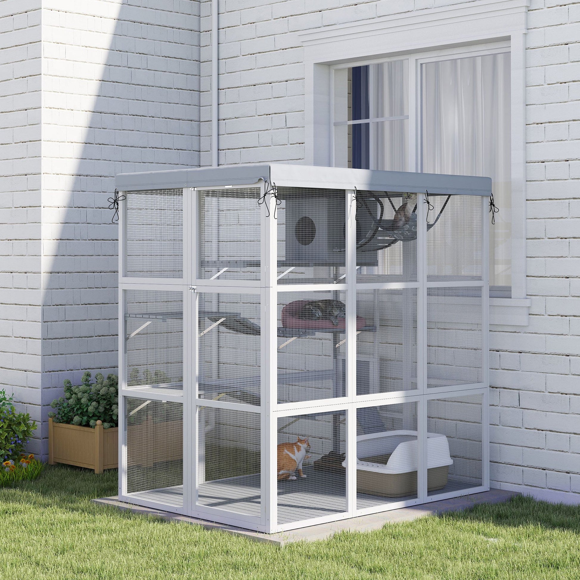 Catio Outdoor Cat Enclosure, 71" Large Wooden Cat House w/ Weatherproof Tarp, Walk-in Kitty Cage with Hammock, Condo, Platforms, Ladders, Ramps, for 2-4 Kittens, Grey