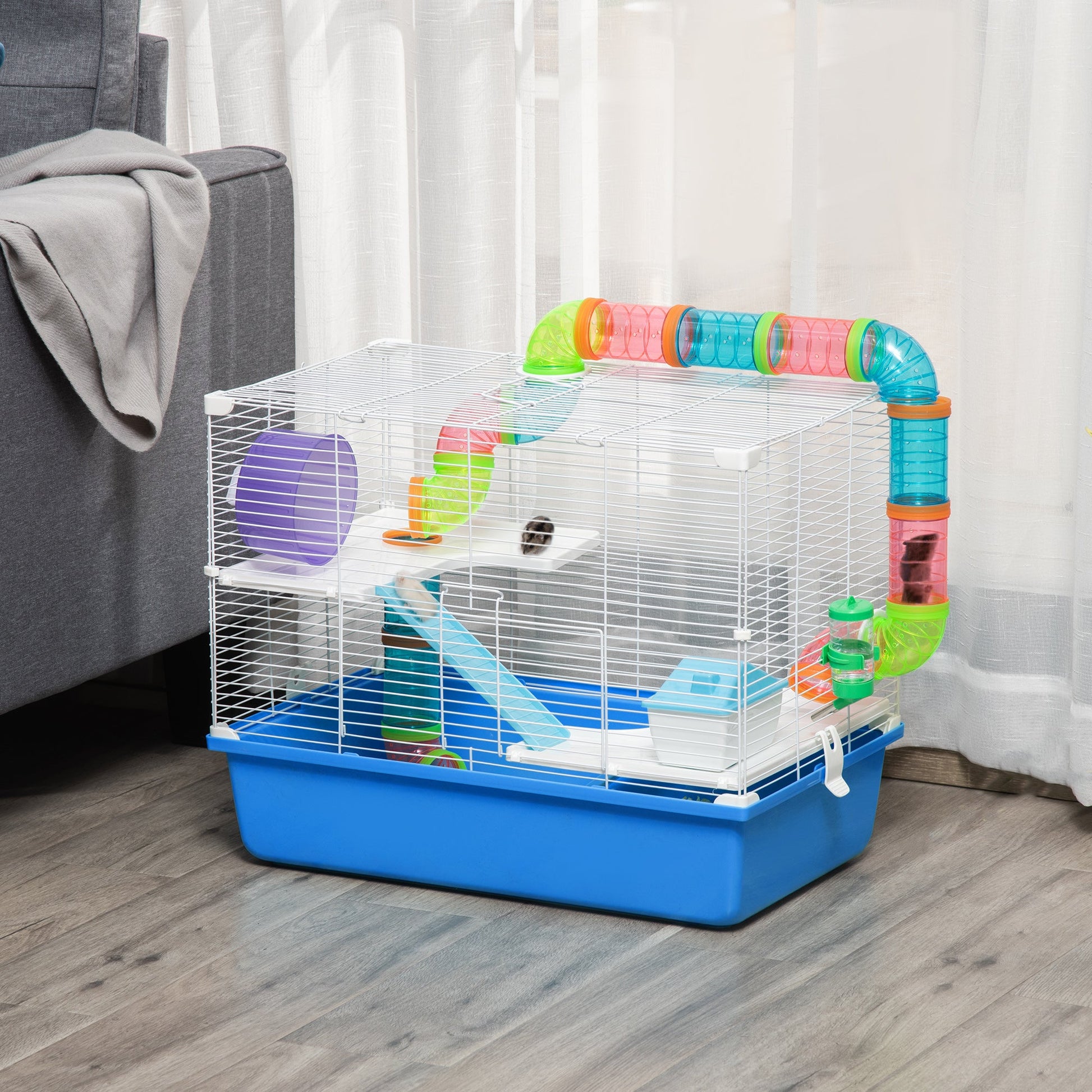 Hamster Cage, Small Animal House, 3-Level Guinea Pig Cage Gerbil Haven, Tunnel Tube System, with Water Bottle, Exercise Wheel, Food Dish, Ramps, Blue