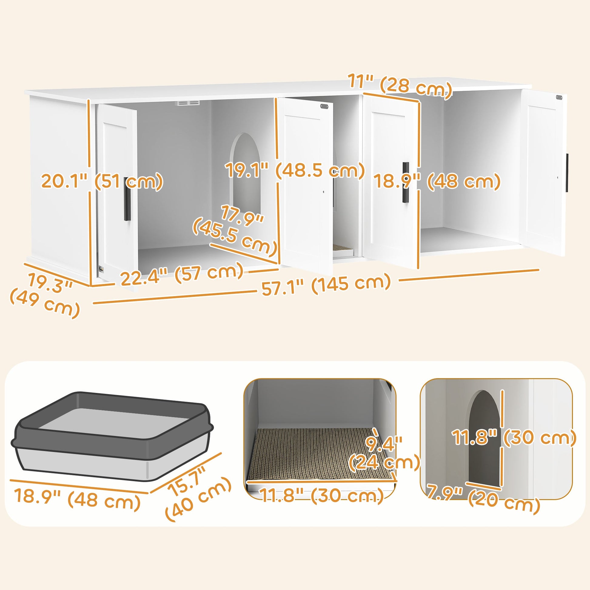 Cat Litter Box Enclosure for 2 Cats, 145 cm Hidden Litter Box Furniture with Double Room, Scratching Board, Indoor Cat House Washroom End Table, White