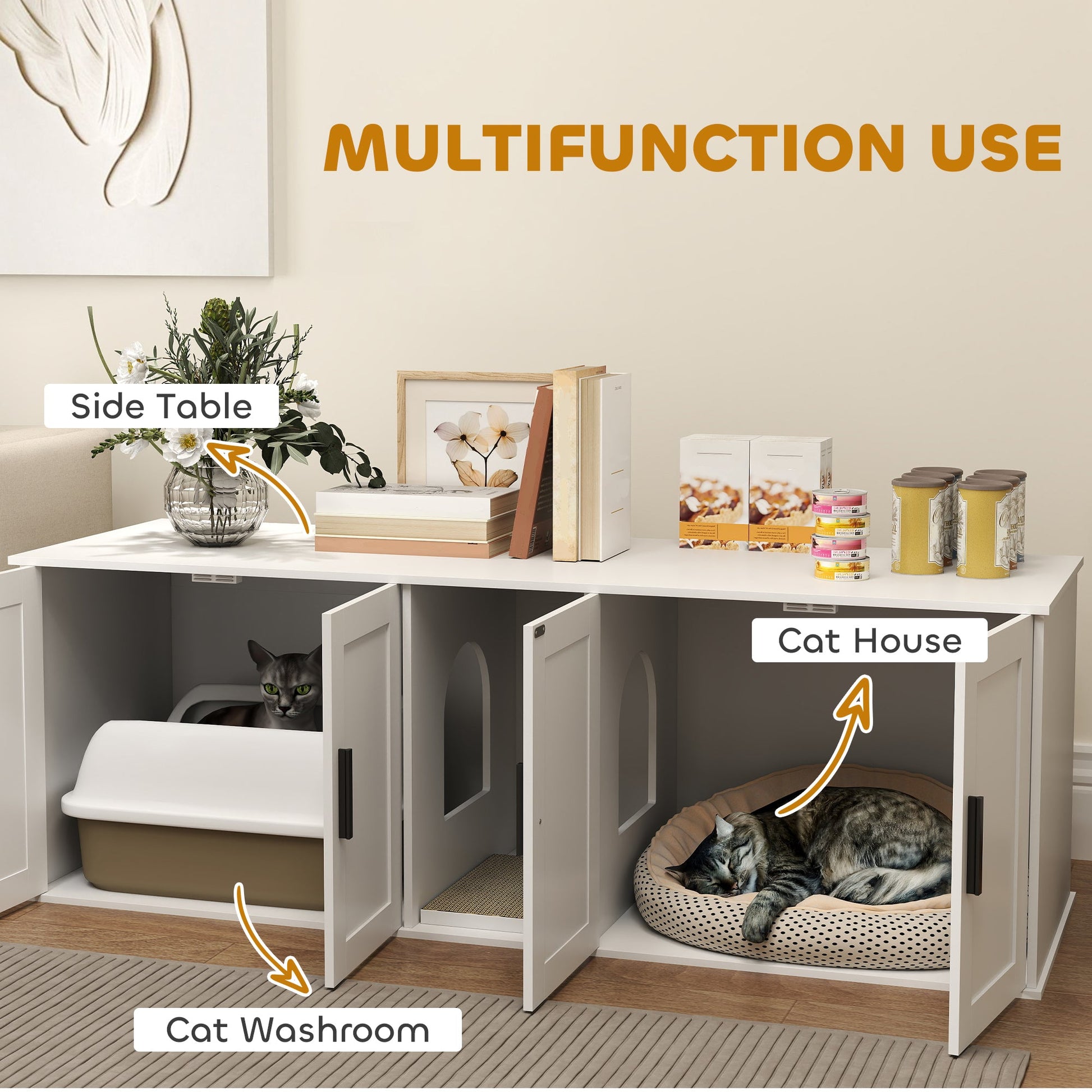 Cat Litter Box Enclosure for 2 Cats, 145 cm Hidden Litter Box Furniture with Double Room, Scratching Board, Indoor Cat House Washroom End Table, White
