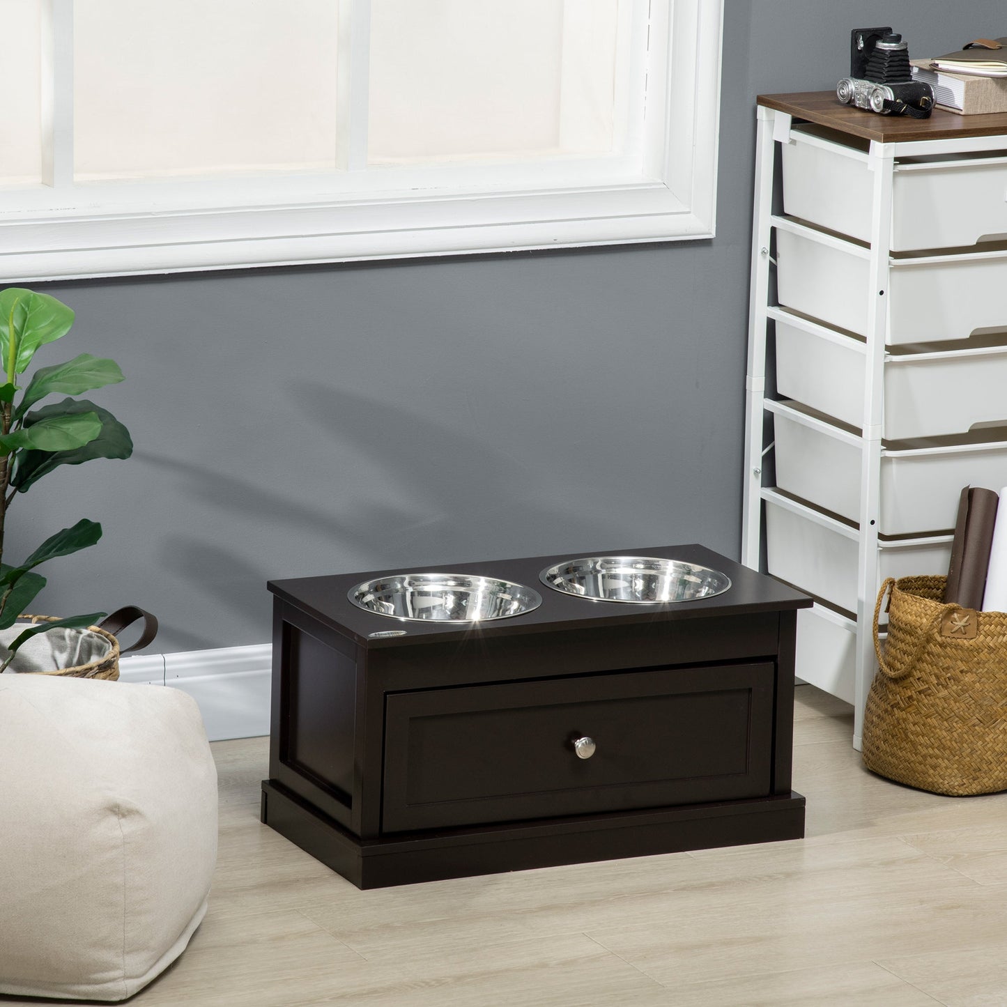 Elevated Dog Bowls with Storage Drawer, Raised Dog Bowls with Stand, 2 Stainless Steel Bowls for Large Dogs, Coffee