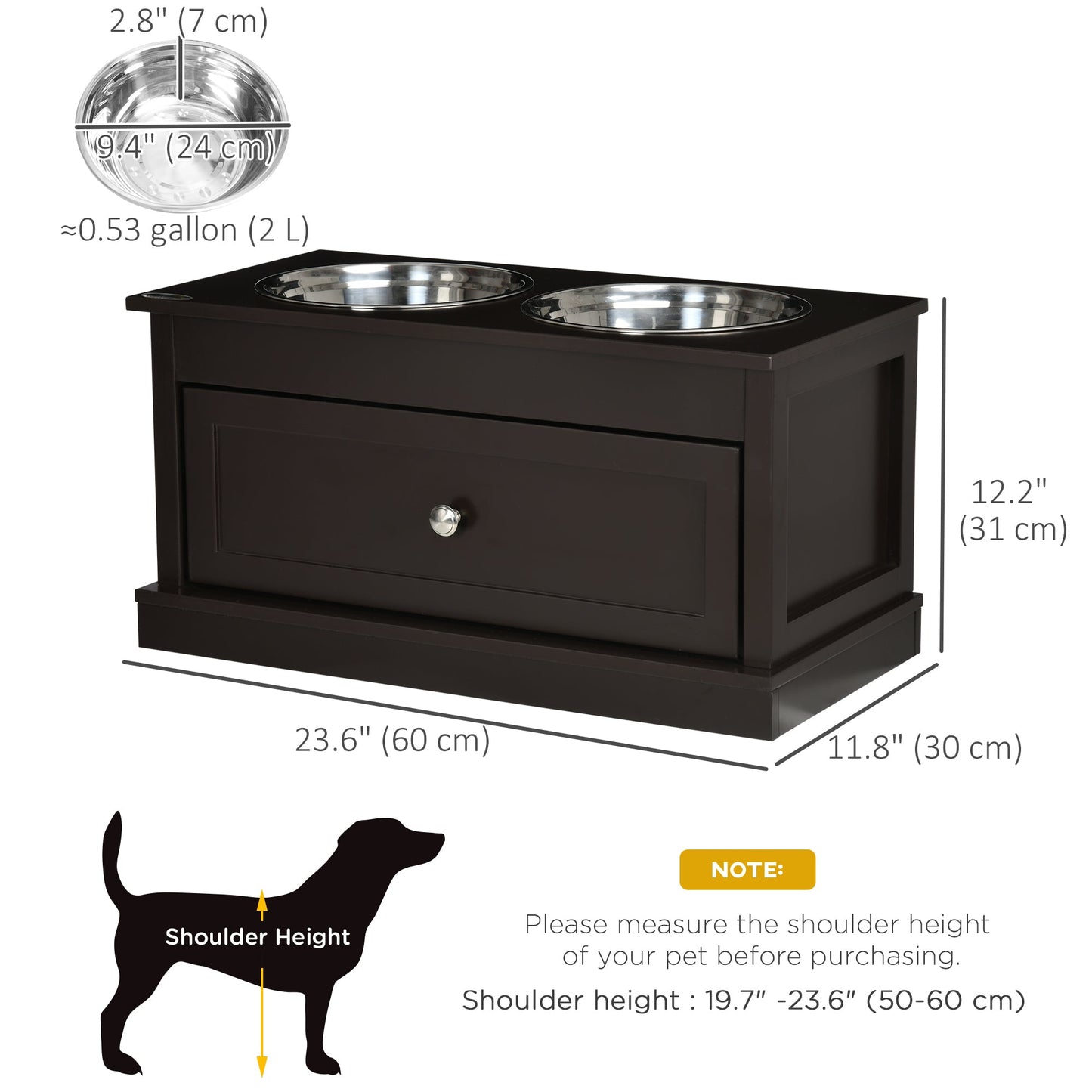 Elevated Dog Bowls with Storage Drawer, Raised Dog Bowls with Stand, 2 Stainless Steel Bowls for Large Dogs, Coffee