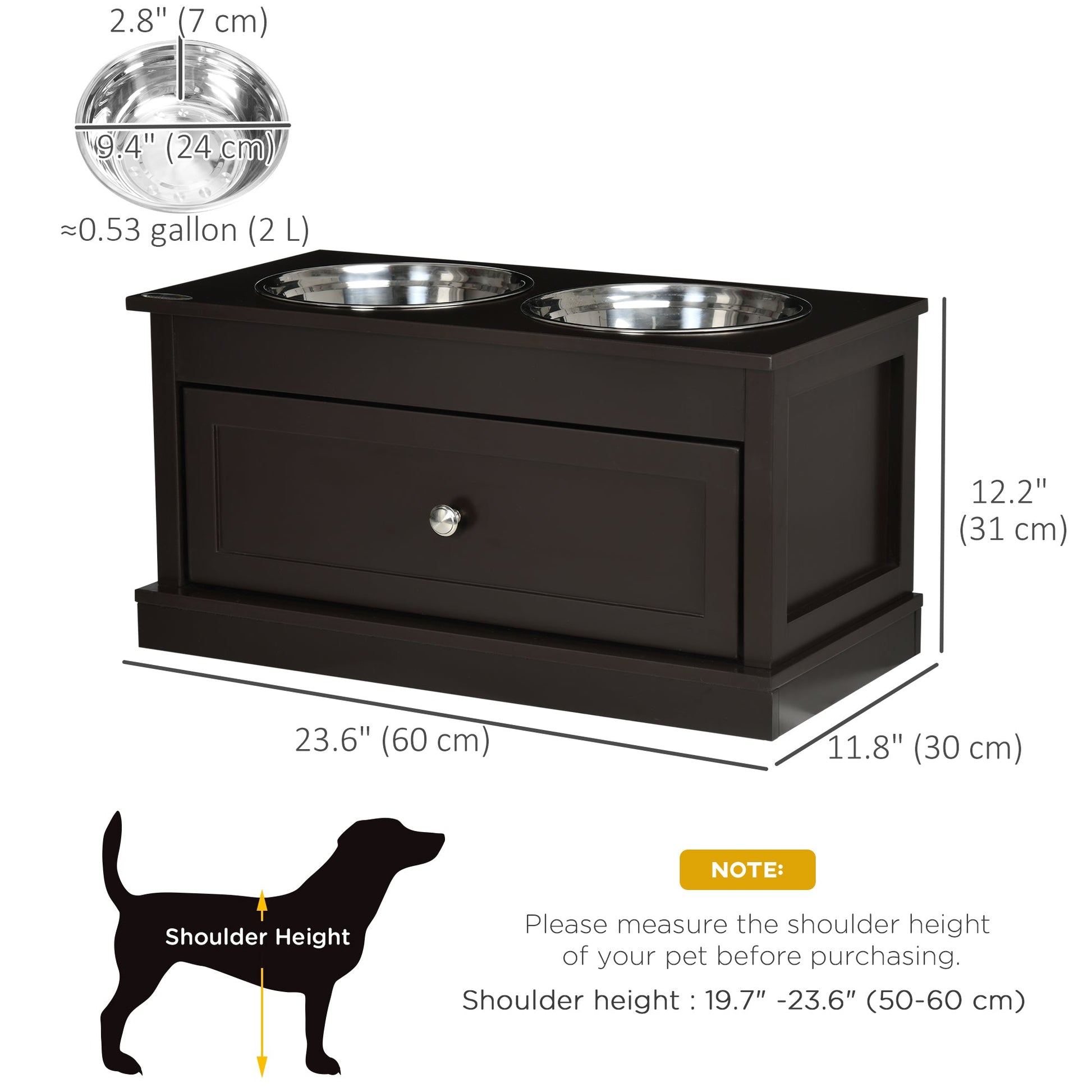 Elevated Dog Bowls with Storage Drawer, Raised Dog Bowls with Stand, 2 Stainless Steel Bowls for Large Dogs, Coffee