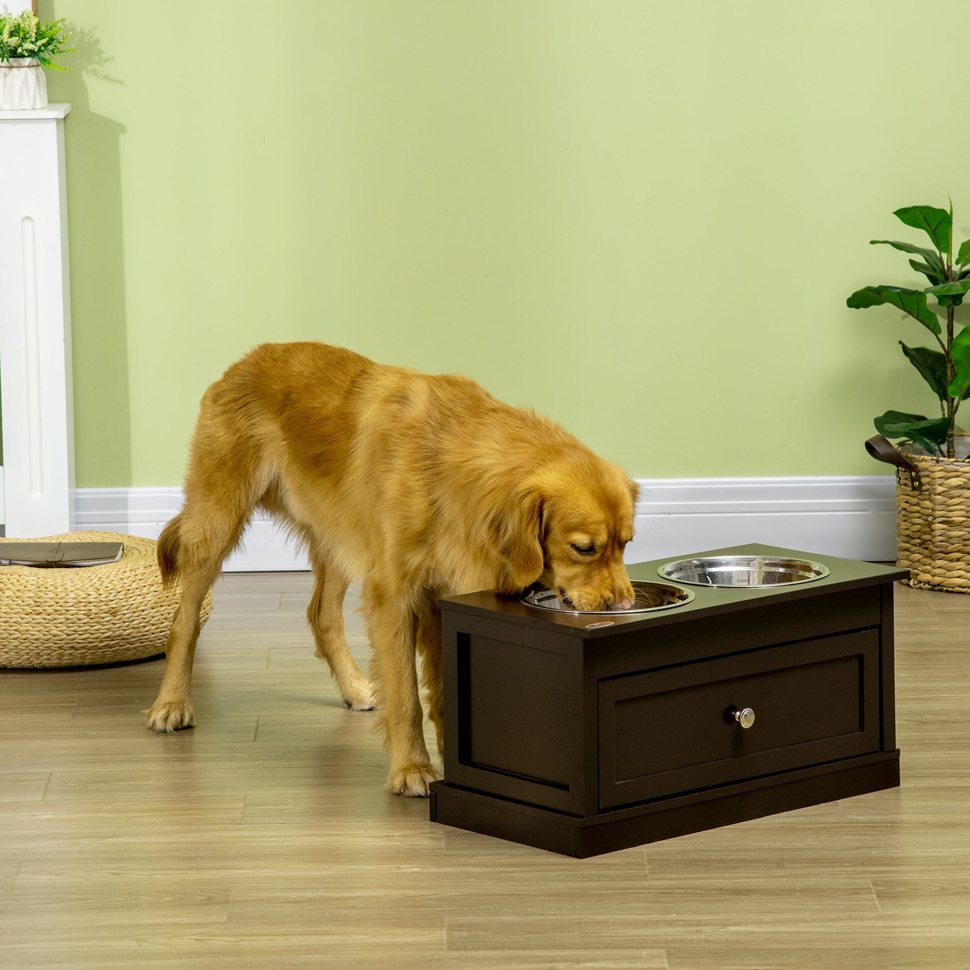 Elevated Dog Bowls with Storage Drawer, Raised Dog Bowls with Stand, 2 Stainless Steel Bowls for Large Dogs, Coffee