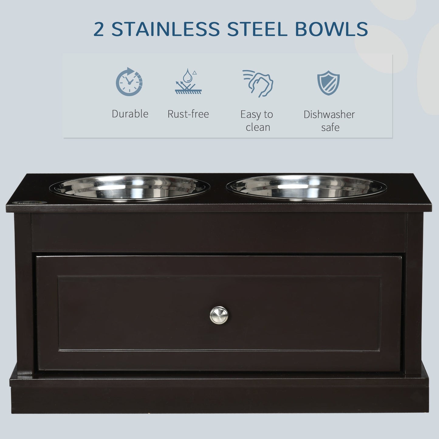 Elevated Dog Bowls with Storage Drawer, Raised Dog Bowls with Stand, 2 Stainless Steel Bowls for Large Dogs, Coffee