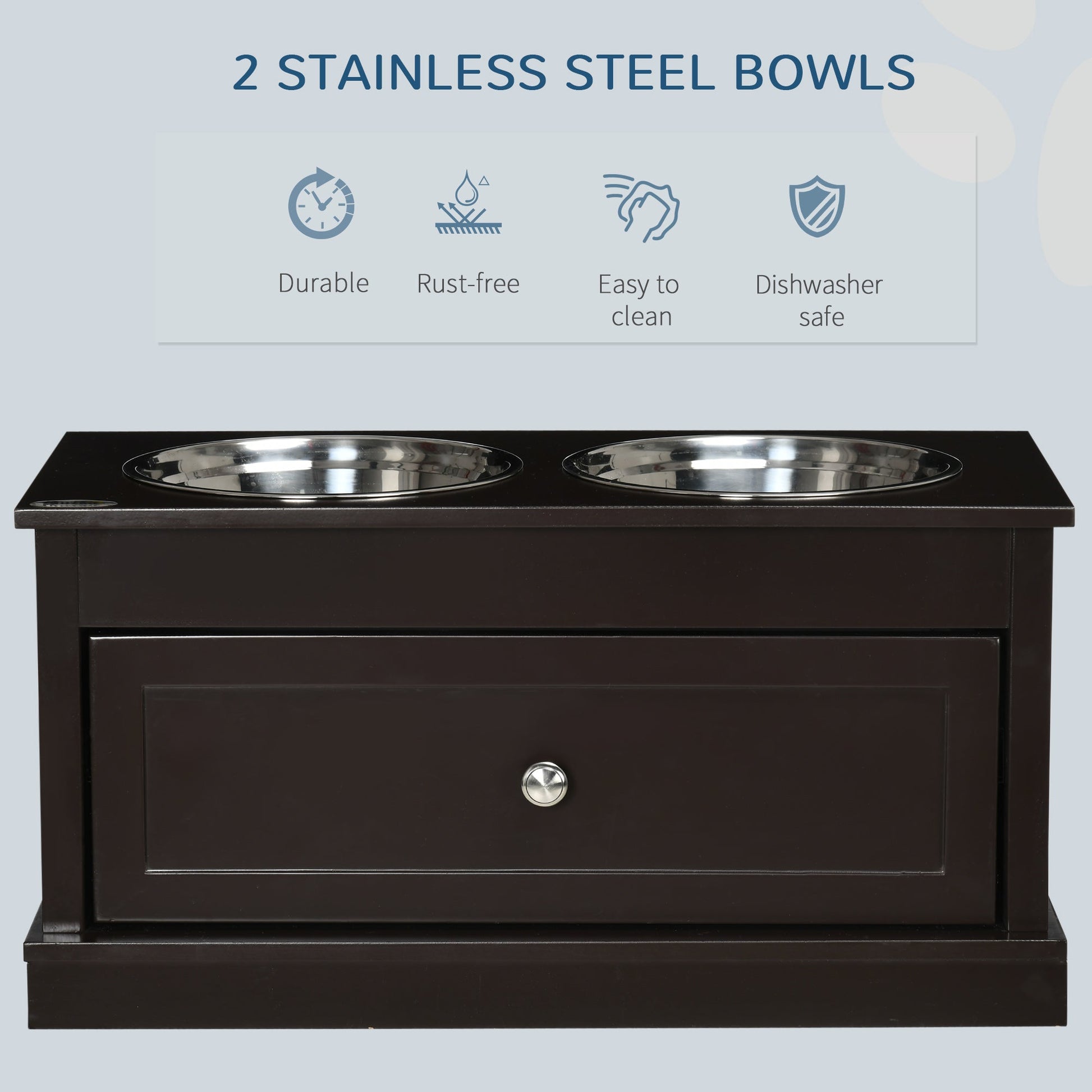 Elevated Dog Bowls with Storage Drawer, Raised Dog Bowls with Stand, 2 Stainless Steel Bowls for Large Dogs, Coffee