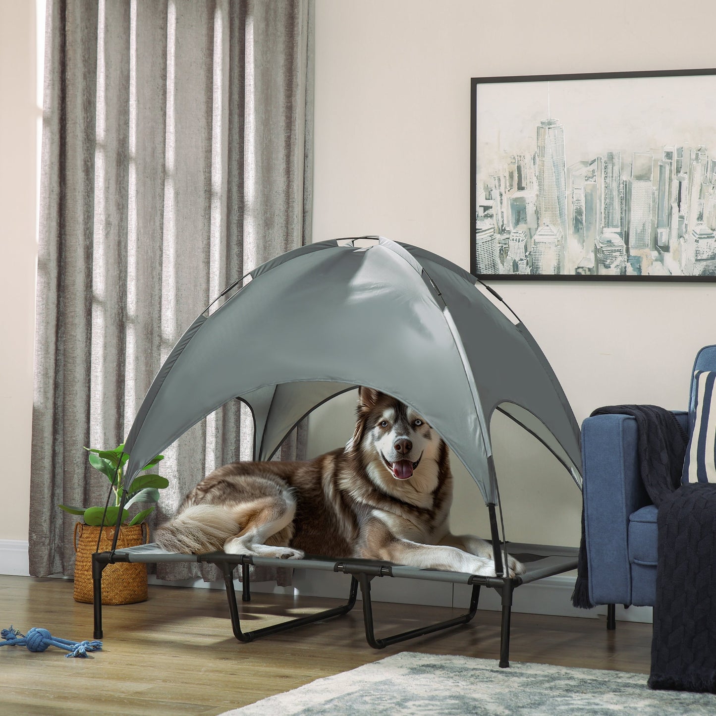 Elevated Dog Bed with Canopy, Portable Raised Dog Cot for XL Sized Dogs, Indoor & Outdoor, 48" x 36" x 43", Grey