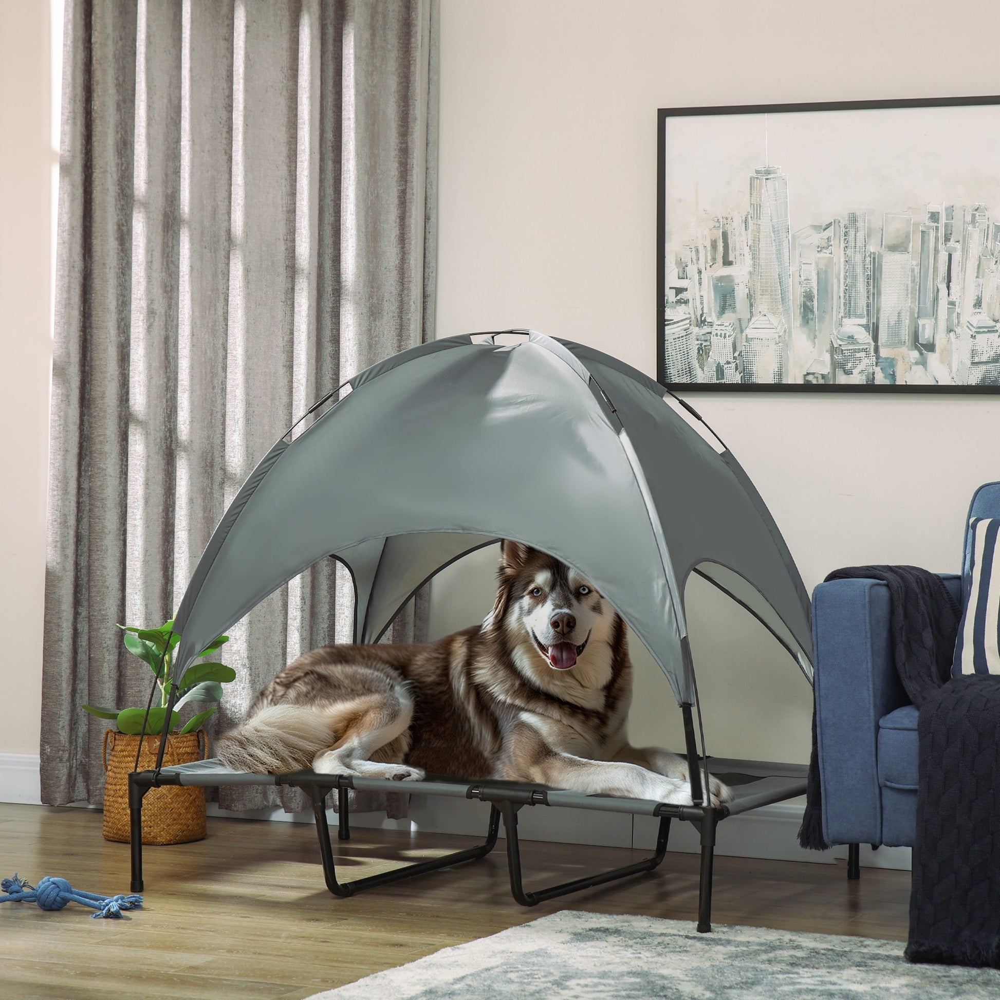 Elevated Dog Bed with Canopy, Portable Raised Dog Cot for XL Sized Dogs, Indoor & Outdoor, 48" x 36" x 43", Grey