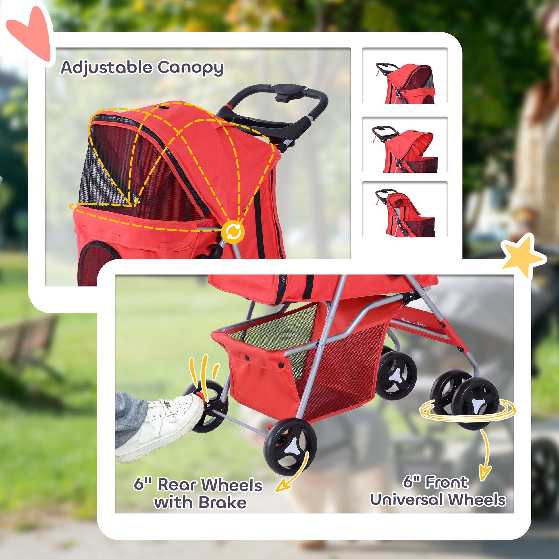 Dog Stroller, One-click Folding Pet Stroller with Cup Holder, 4 Wheels Travel Carrier w/ Brakes, 360° Swiveling Front Wheels, Storage Basket, for XS/Small Dogs Cats, Red