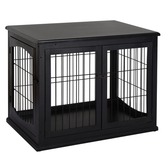 32" Wooden Dog Crate Furniture Dog Cage, Modern Side Table Pet Kennel with Double Lockable Door, 32" L x 23" W x 26" H, Black