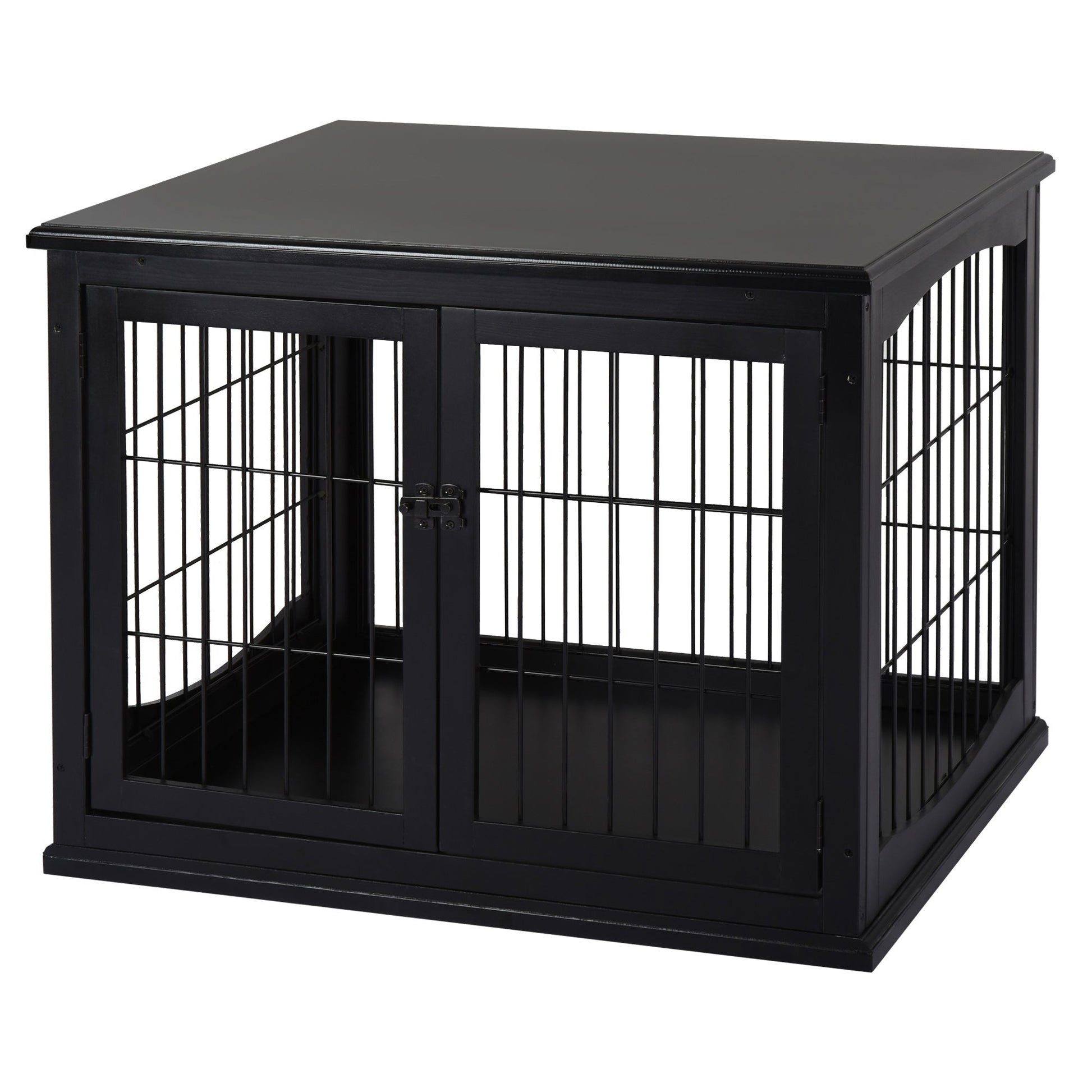32" Wooden Dog Crate Furniture Dog Cage, Modern Side Table Pet Kennel with Double Lockable Door, 32" L x 23" W x 26" H, Black
