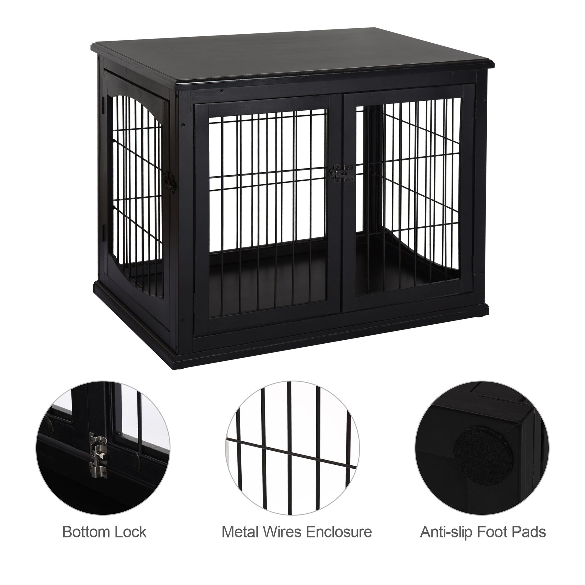 32" Wooden Dog Crate Furniture Dog Cage, Modern Side Table Pet Kennel with Double Lockable Door, 32" L x 23" W x 26" H, Black