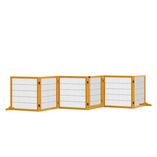 Wooden Pet Gate, Dog Safety Barrier, Freestanding Foldable Fence, w/ 6 Panels, 2 Support Feet, for House Doorway Stairs, Small & Medium Dogs, Yellow