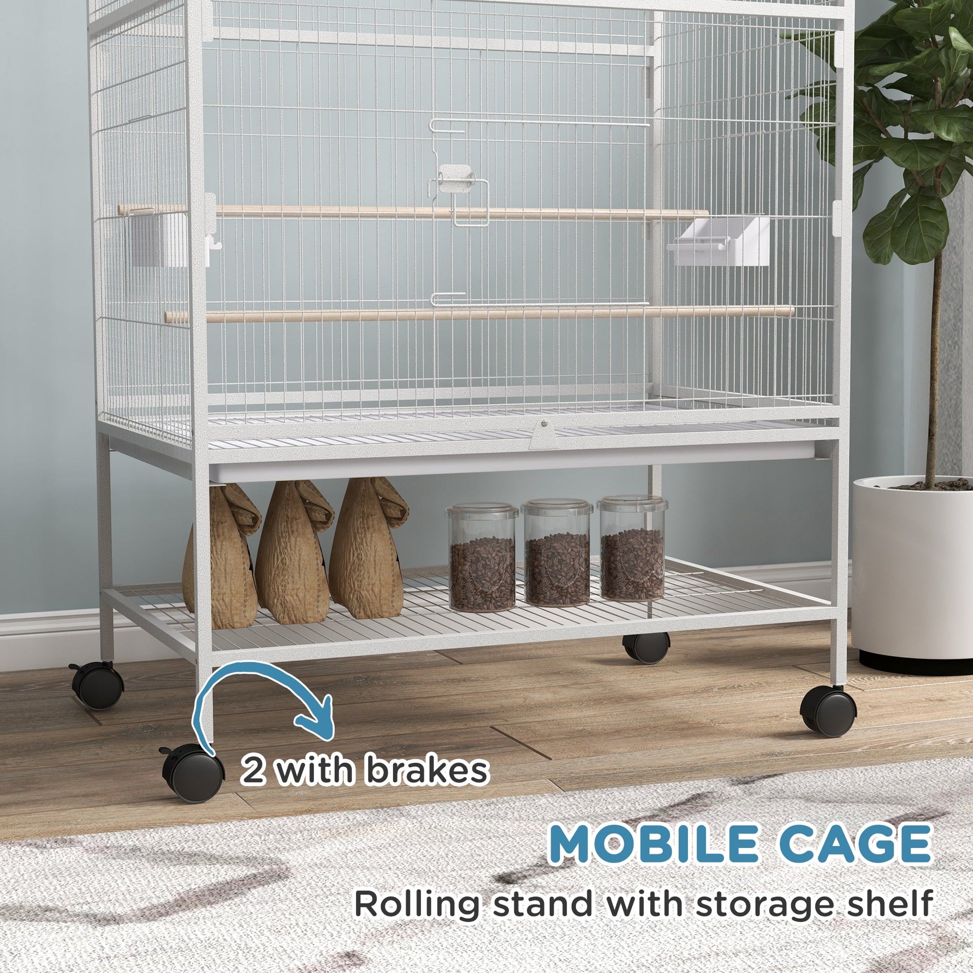 52" Large Rolling Steel Bird Cage Bird House with Rolling Stand, Storage Shelf, Wood Perch, Food Container, Grey