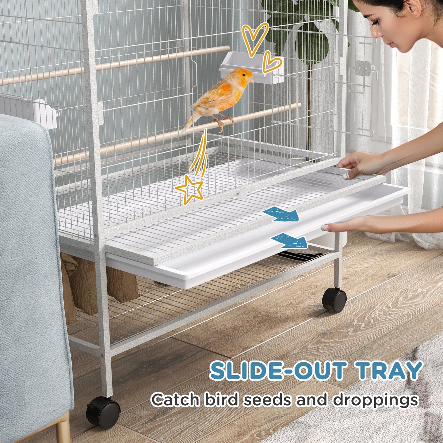 52" Large Rolling Steel Bird Cage Bird House with Rolling Stand, Storage Shelf, Wood Perch, Food Container, Grey