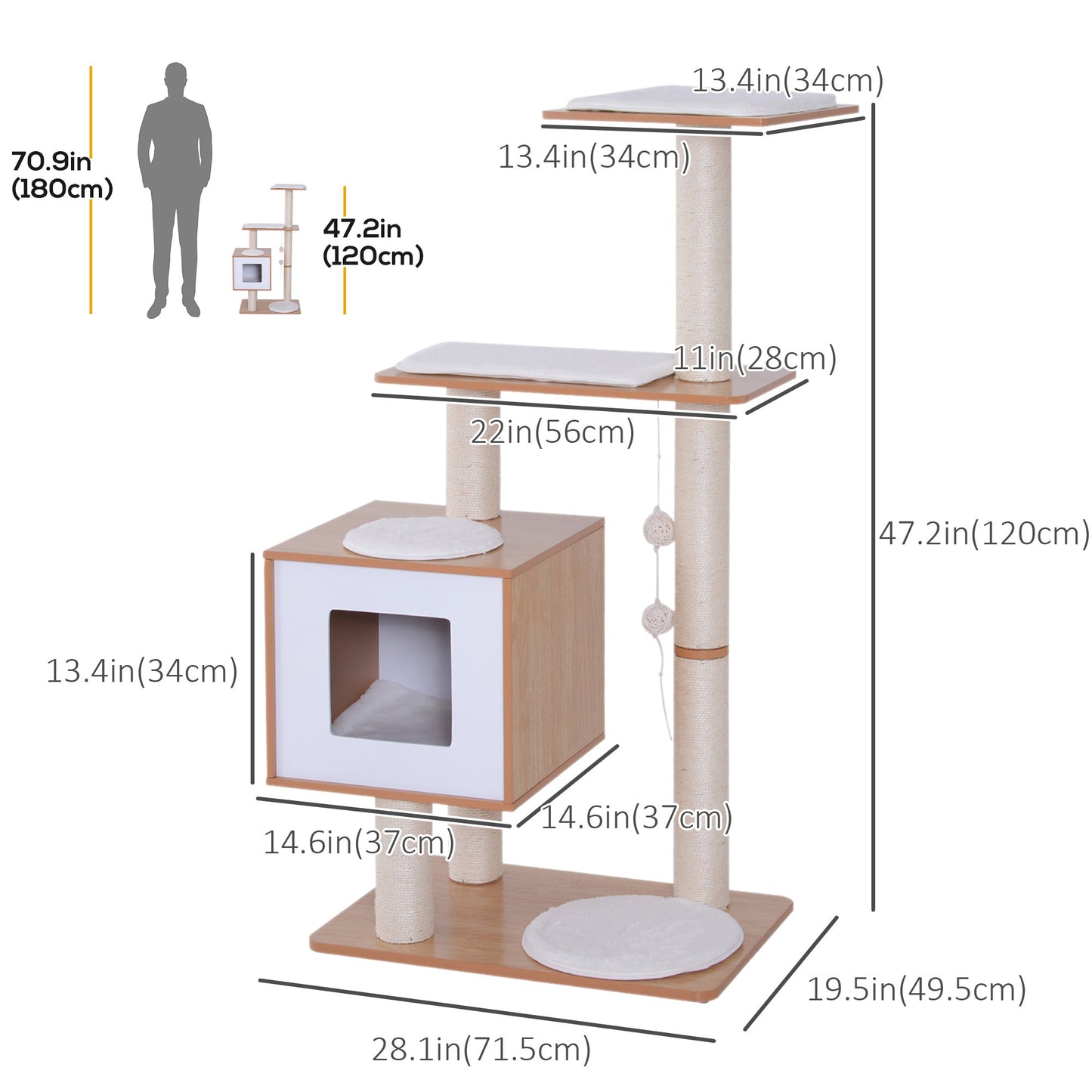 47" Wood Cat Tree, Cat Condo Tower with Scratching Post, Toy Ball, Natural Wood