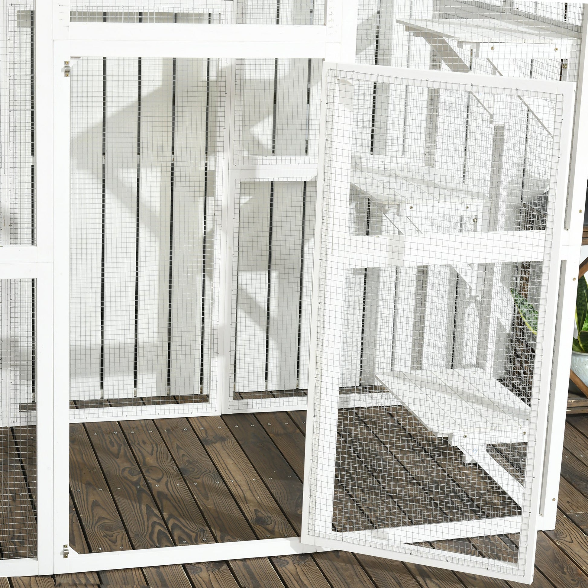 Large Outdoor Catio Enclosure, Weatherproof Cat House with Asphalt Roof,  Wooden Cat Patio Cage with 6 Balanced Platforms, 71" x 39" x 71", White