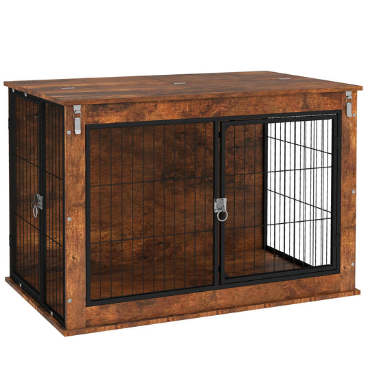 Dog Crate Furniture, 39" Dog Kennel Furniture with Flip-up Top Opening, 2 Doors, Indoor Dog Cage End Table for Large Dogs, Rustic Brown