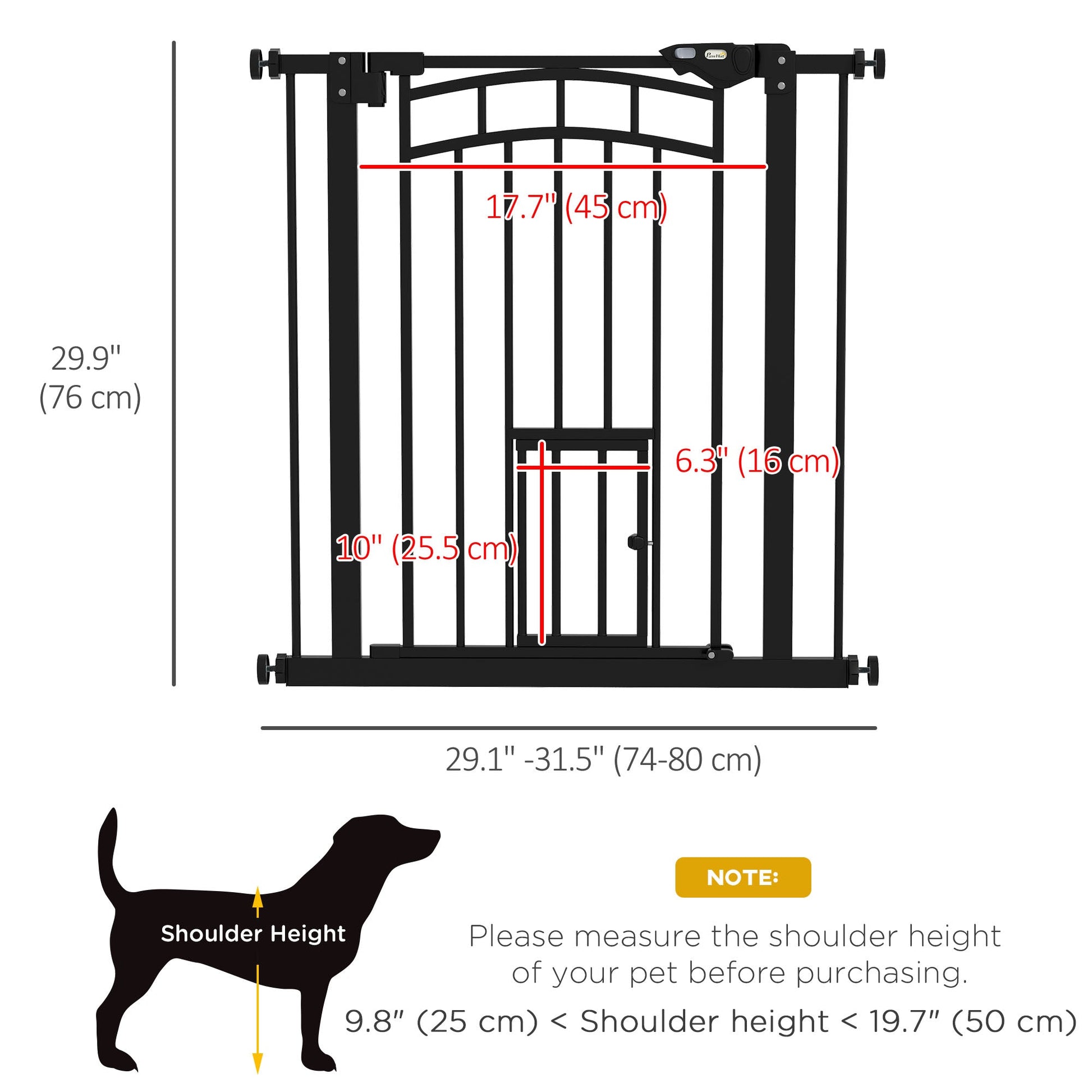 30"H Tall Dog Gate, Pet Gate with Cat Door, Auto-Close Pressure-Mounted Steel Safety Gate Barrier, Double Locking for Doorways Hallways Stairs, Fits 29"-31.5"W, Black