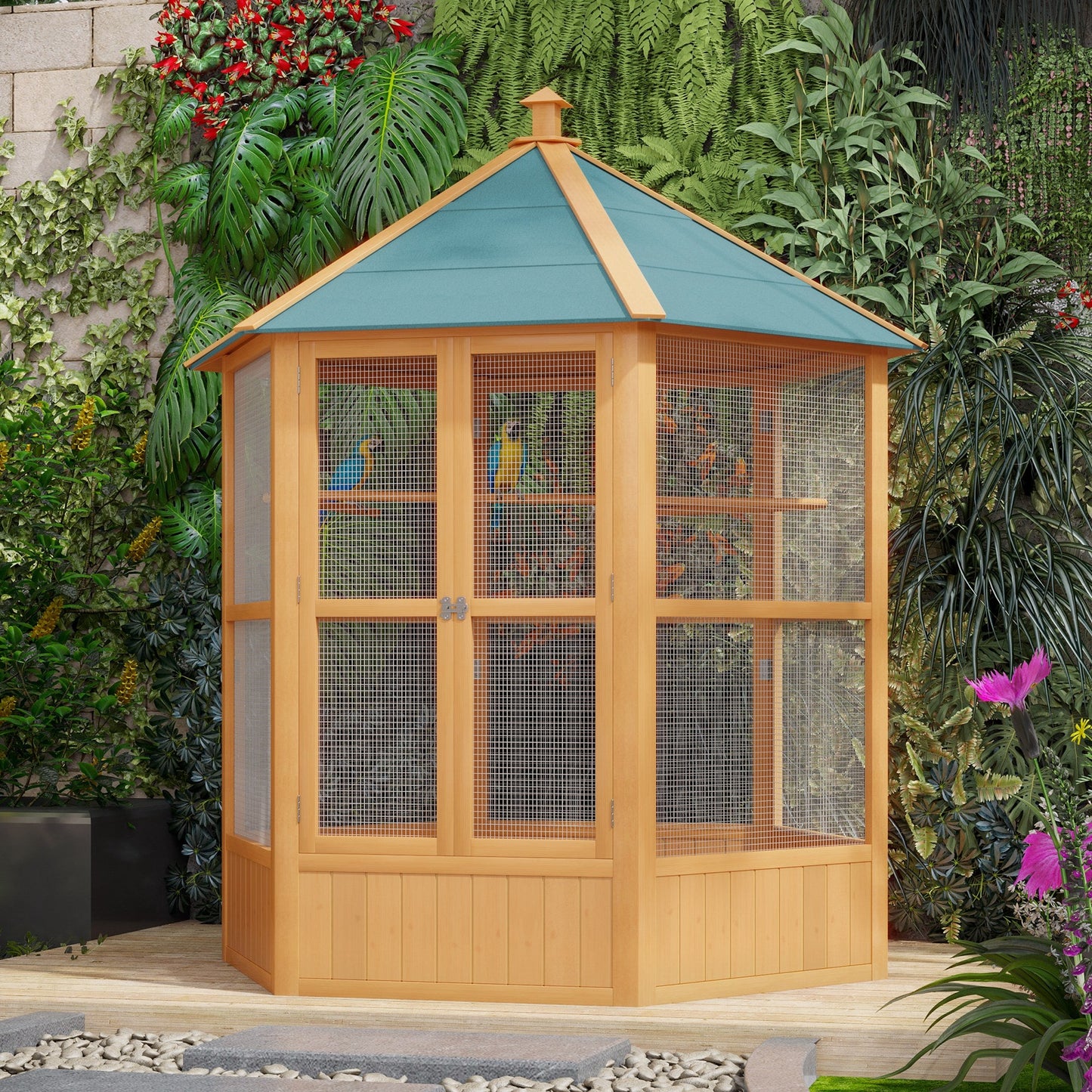 Bird Cage, 70"H Wooden Parrot Cage, Large Hexagonal Outdoor Aviary with Asphalt Roof, Doors, Brown