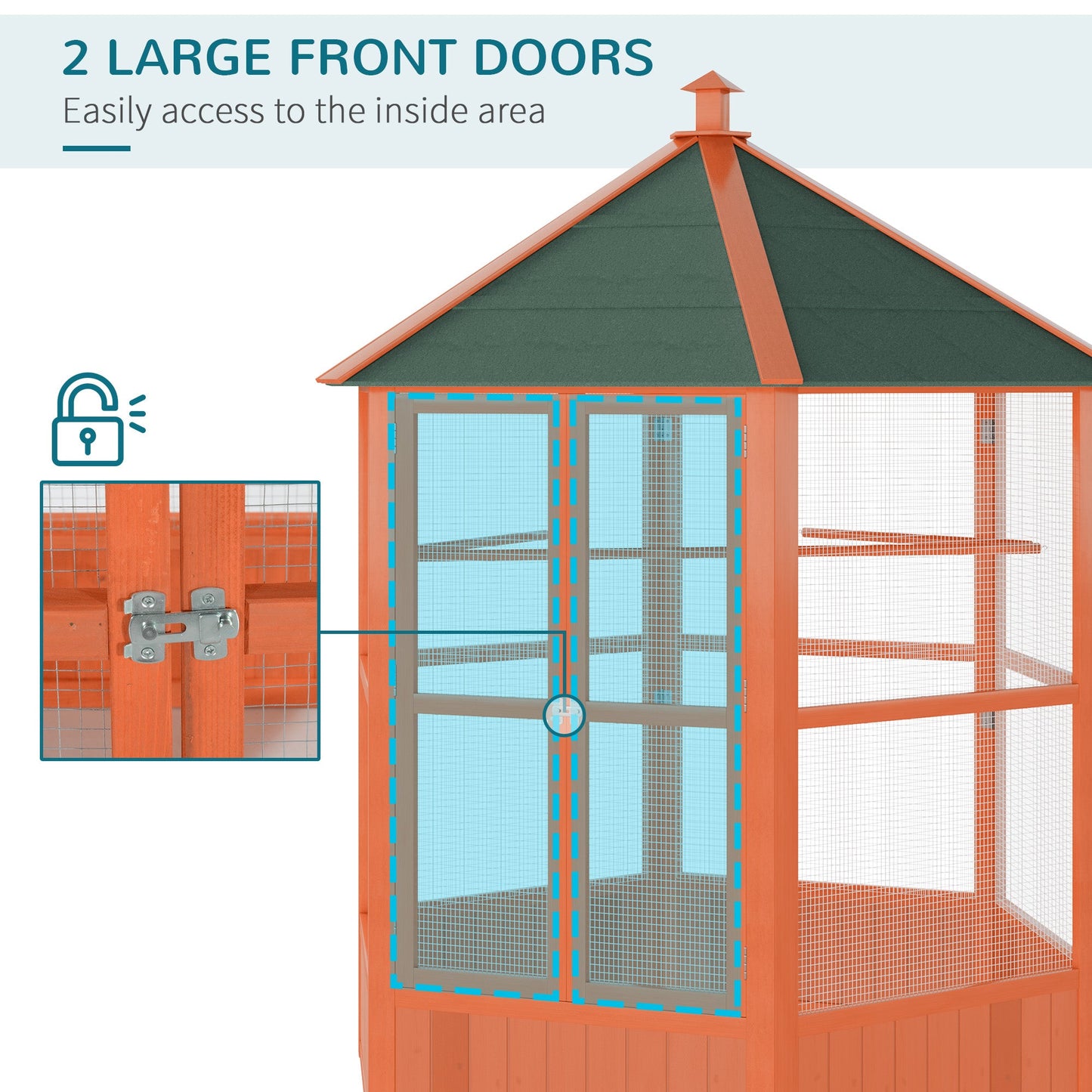 Bird Cage, 70"H Wooden Parrot Cage, Large Hexagonal Outdoor Aviary with Asphalt Roof, Doors, Brown