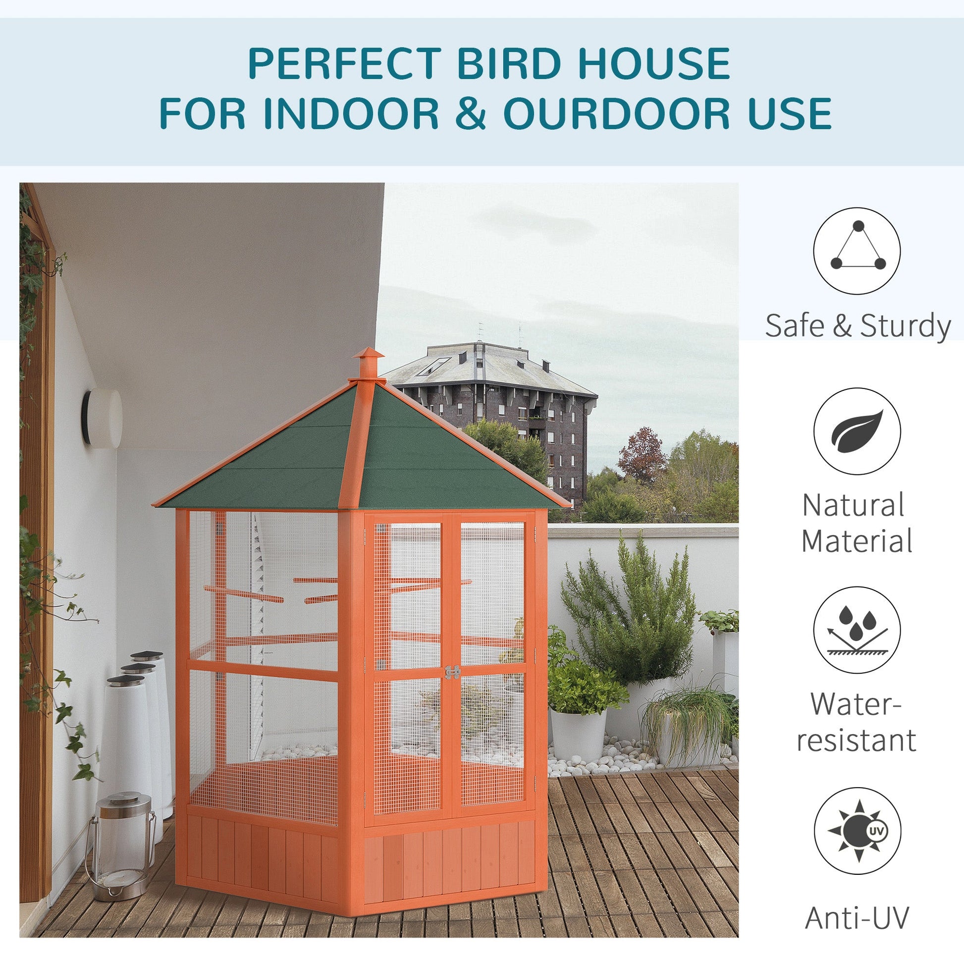 Bird Cage, 70"H Wooden Parrot Cage, Large Hexagonal Outdoor Aviary with Asphalt Roof, Doors, Brown