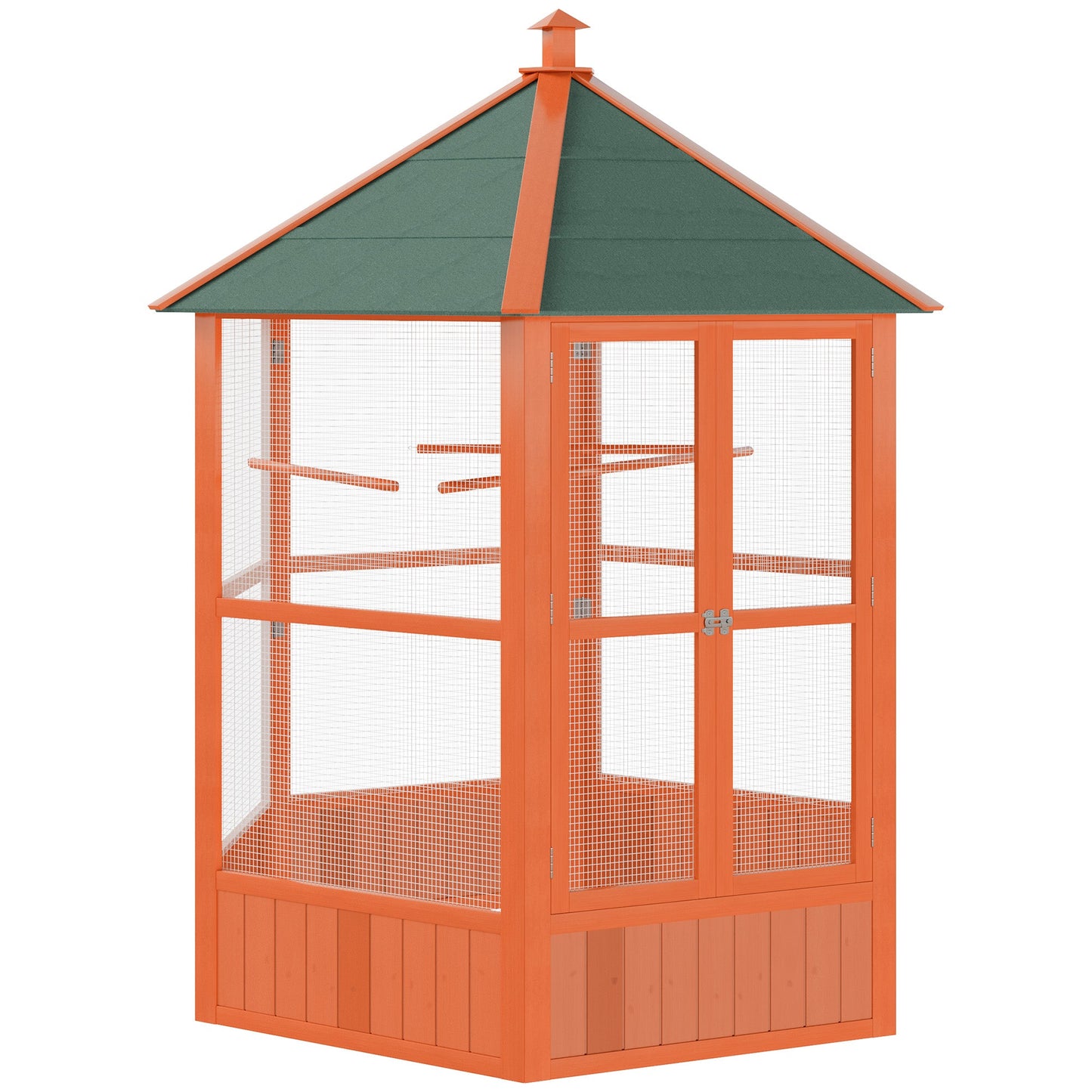 Bird Cage, 70"H Wooden Parrot Cage, Large Hexagonal Outdoor Aviary with Asphalt Roof, Doors, Brown