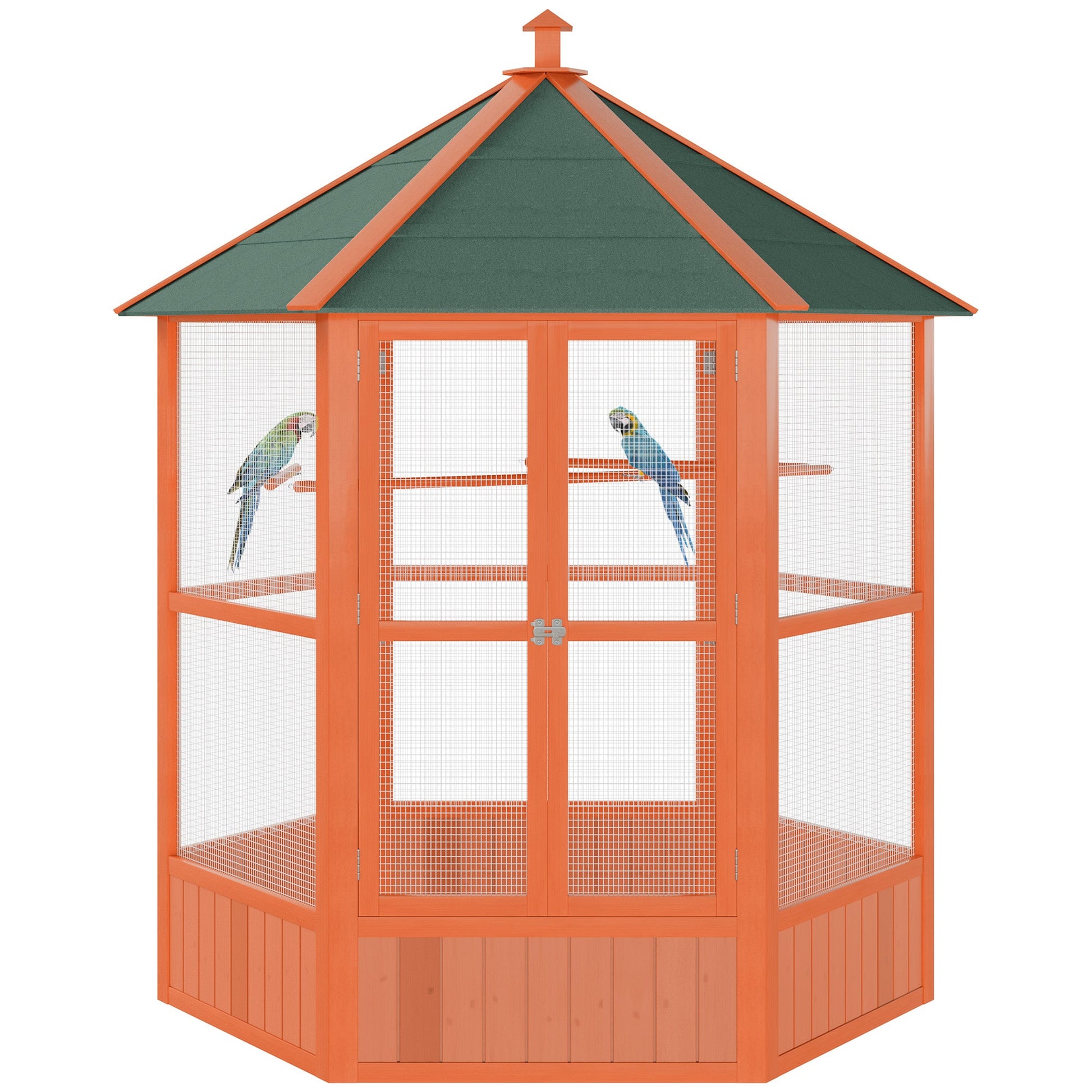 Bird Cage, 70"H Wooden Parrot Cage, Large Hexagonal Outdoor Aviary with Asphalt Roof, Doors, Brown