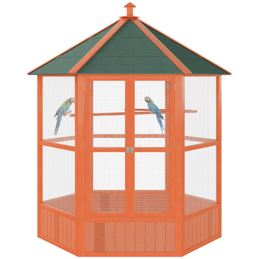Bird Cage, 70"H Wooden Parrot Cage, Large Hexagonal Outdoor Aviary with Asphalt Roof, Doors, Brown