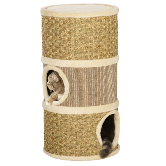 Cat Condo 3 Story Three Holes with Sisal Seaweed Scratching Cover Surface, Cat Tower for Indoor Cats, 15" x 28", Khaki and Brown