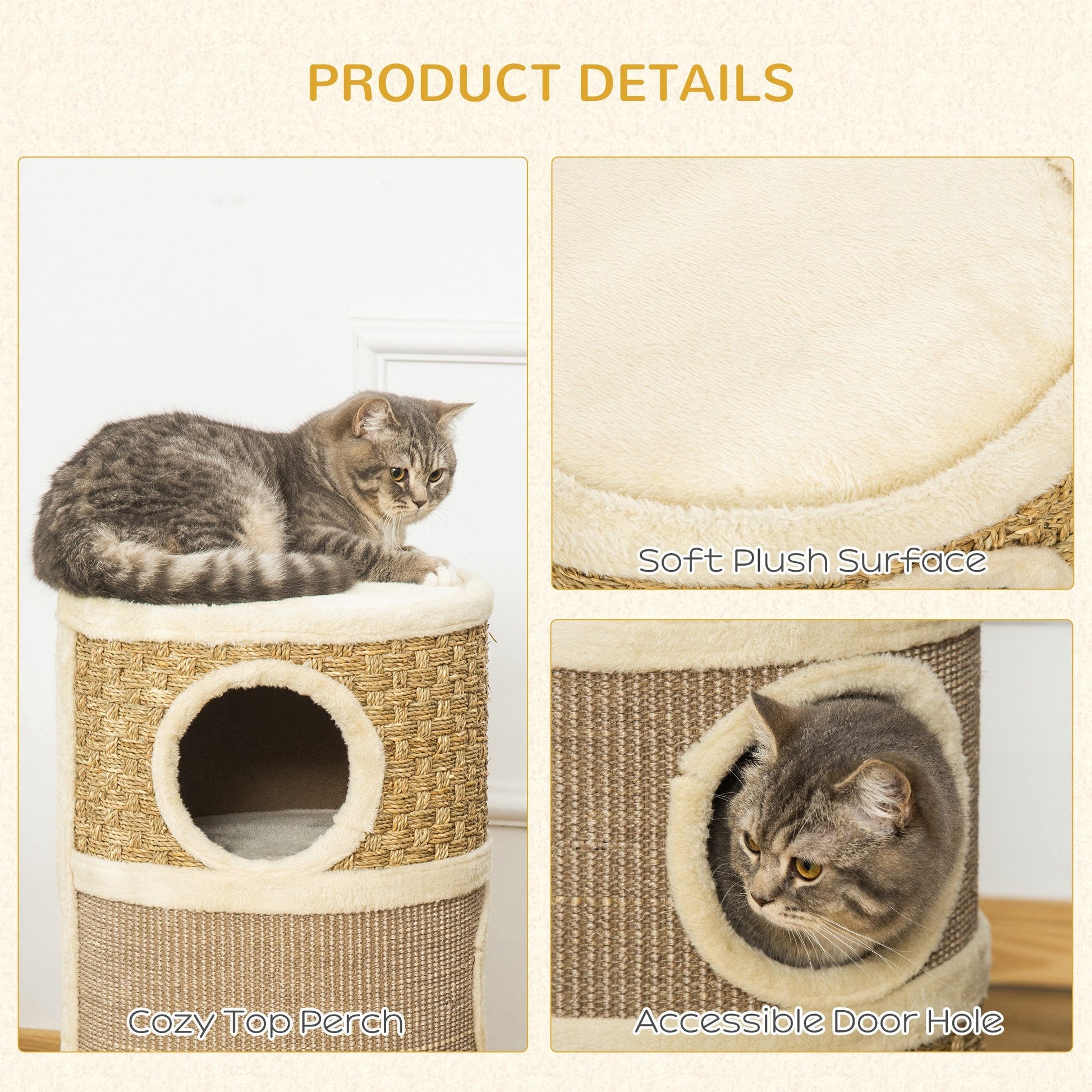 Cat Condo 3 Story Three Holes with Sisal Seaweed Scratching Cover Surface, Cat Tower for Indoor Cats, 15" x 28", Khaki and Brown