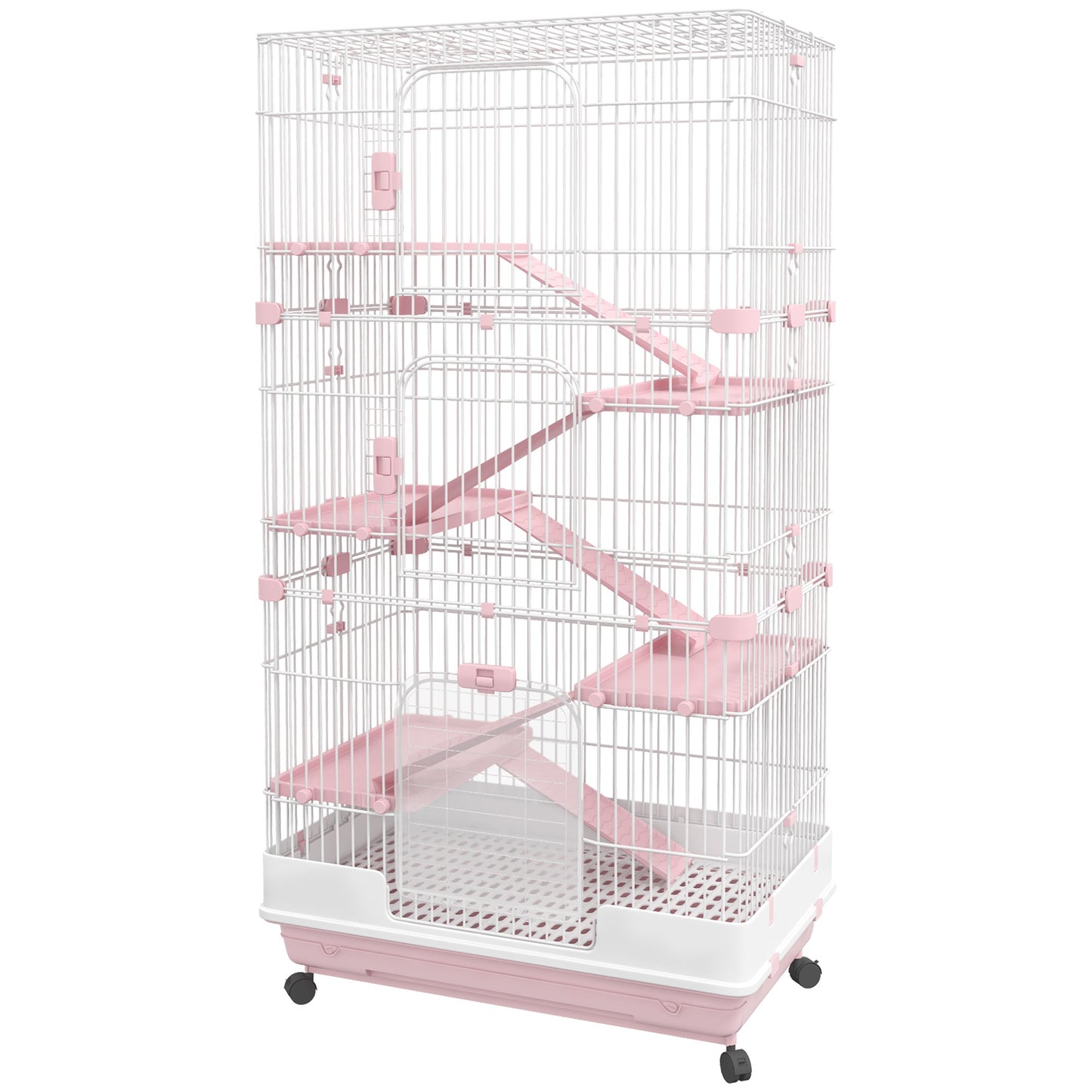 63"H 6-Level Small Animal Cage Rabbit Hutch with Universal Lockable Wheels, Slide-out Tray for Bunny, Chinchillas, Ferret, Pink