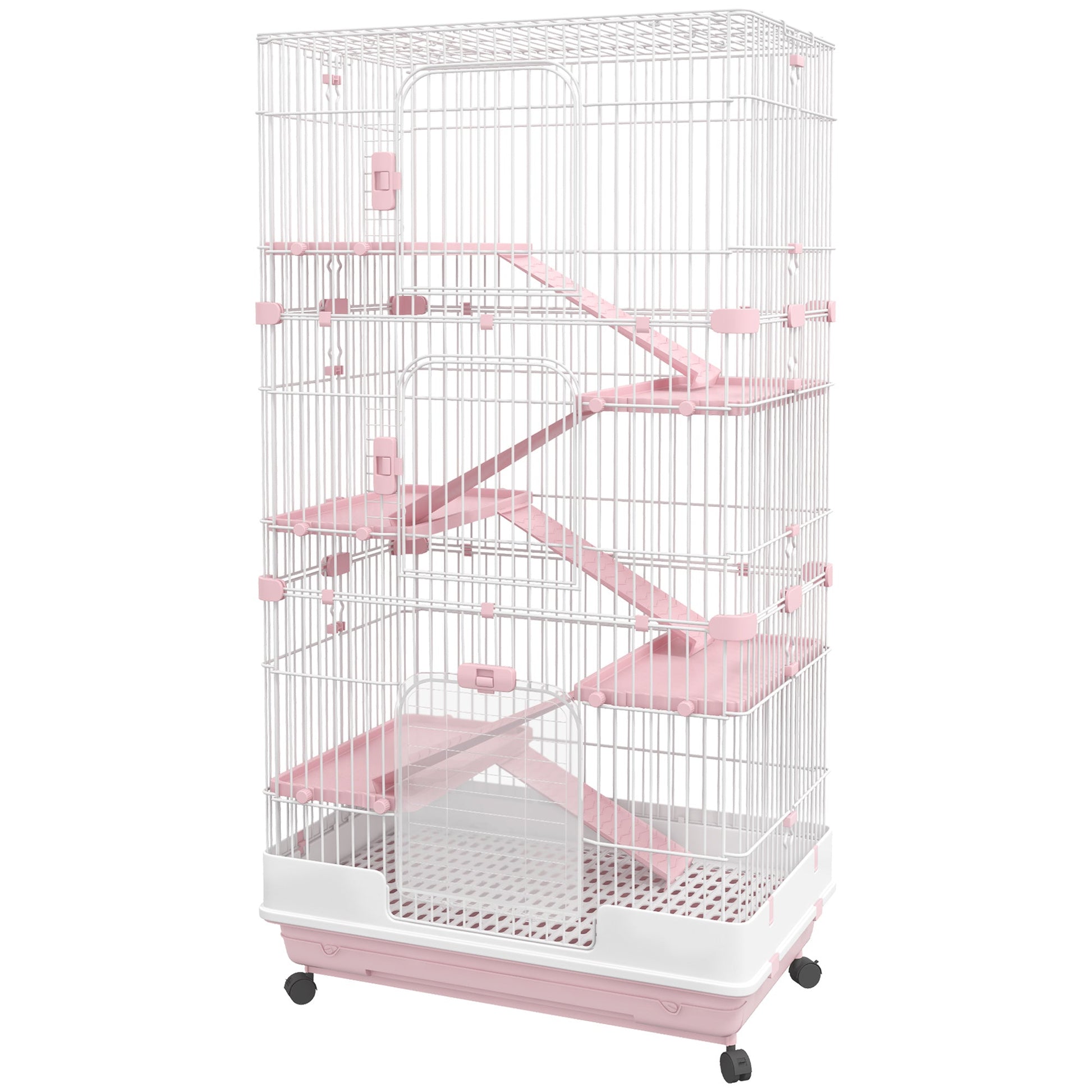63"H 6-Level Small Animal Cage Rabbit Hutch with Universal Lockable Wheels, Slide-out Tray for Bunny, Chinchillas, Ferret, Pink