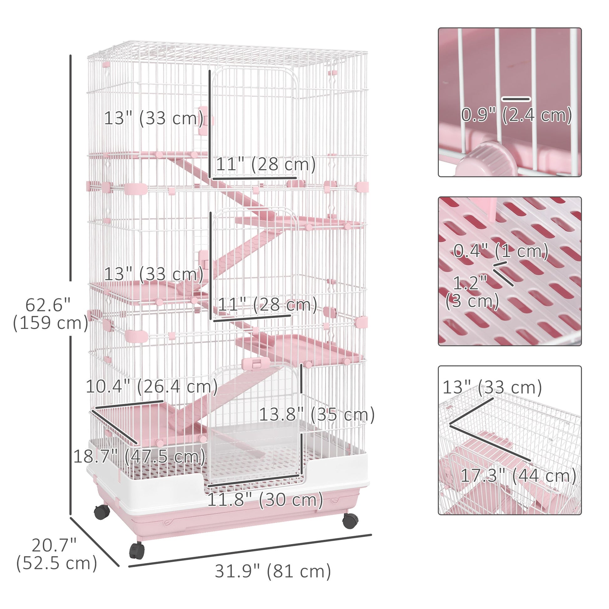 63"H 6-Level Small Animal Cage Rabbit Hutch with Universal Lockable Wheels, Slide-out Tray for Bunny, Chinchillas, Ferret, Pink