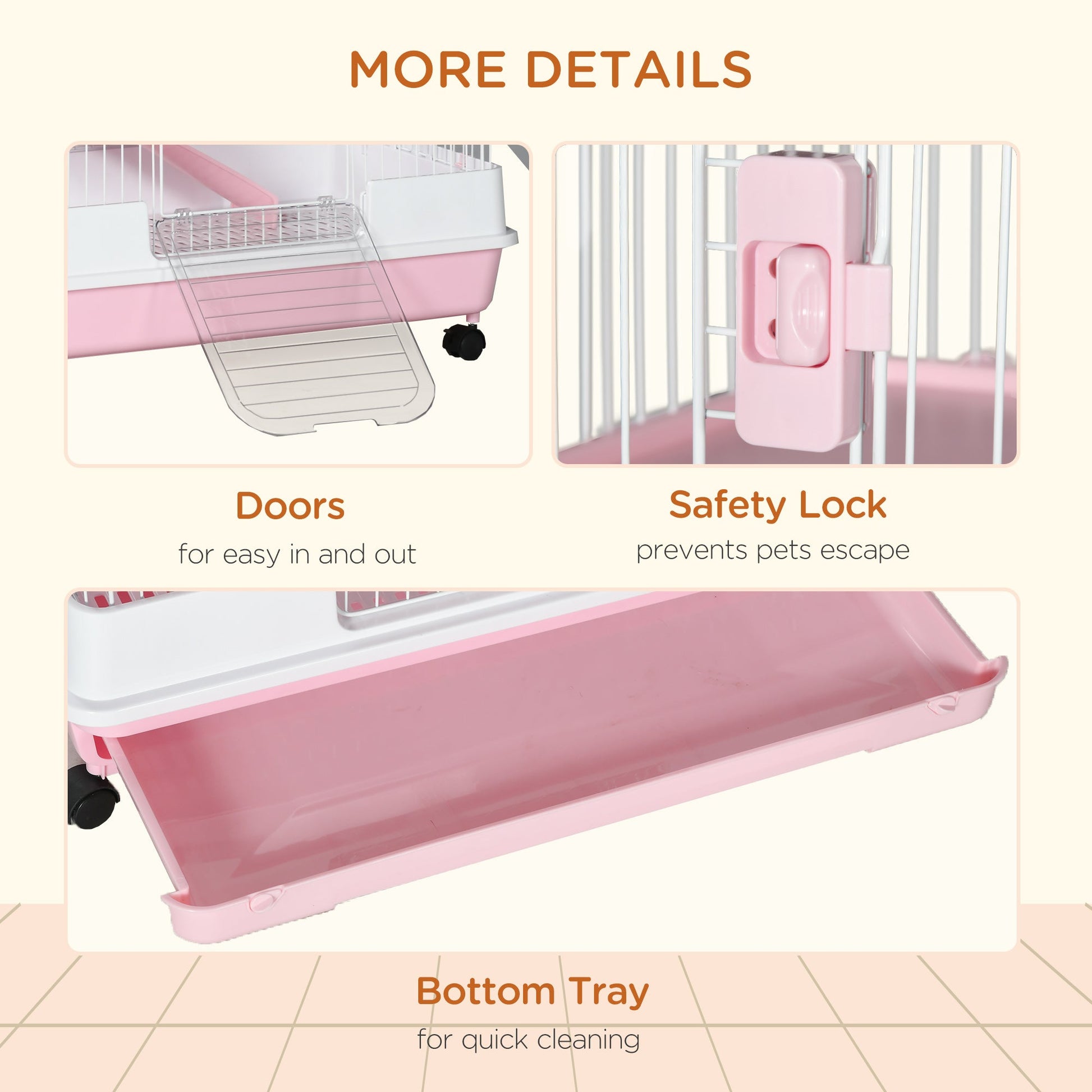 63"H 6-Level Small Animal Cage Rabbit Hutch with Universal Lockable Wheels, Slide-out Tray for Bunny, Chinchillas, Ferret, Pink