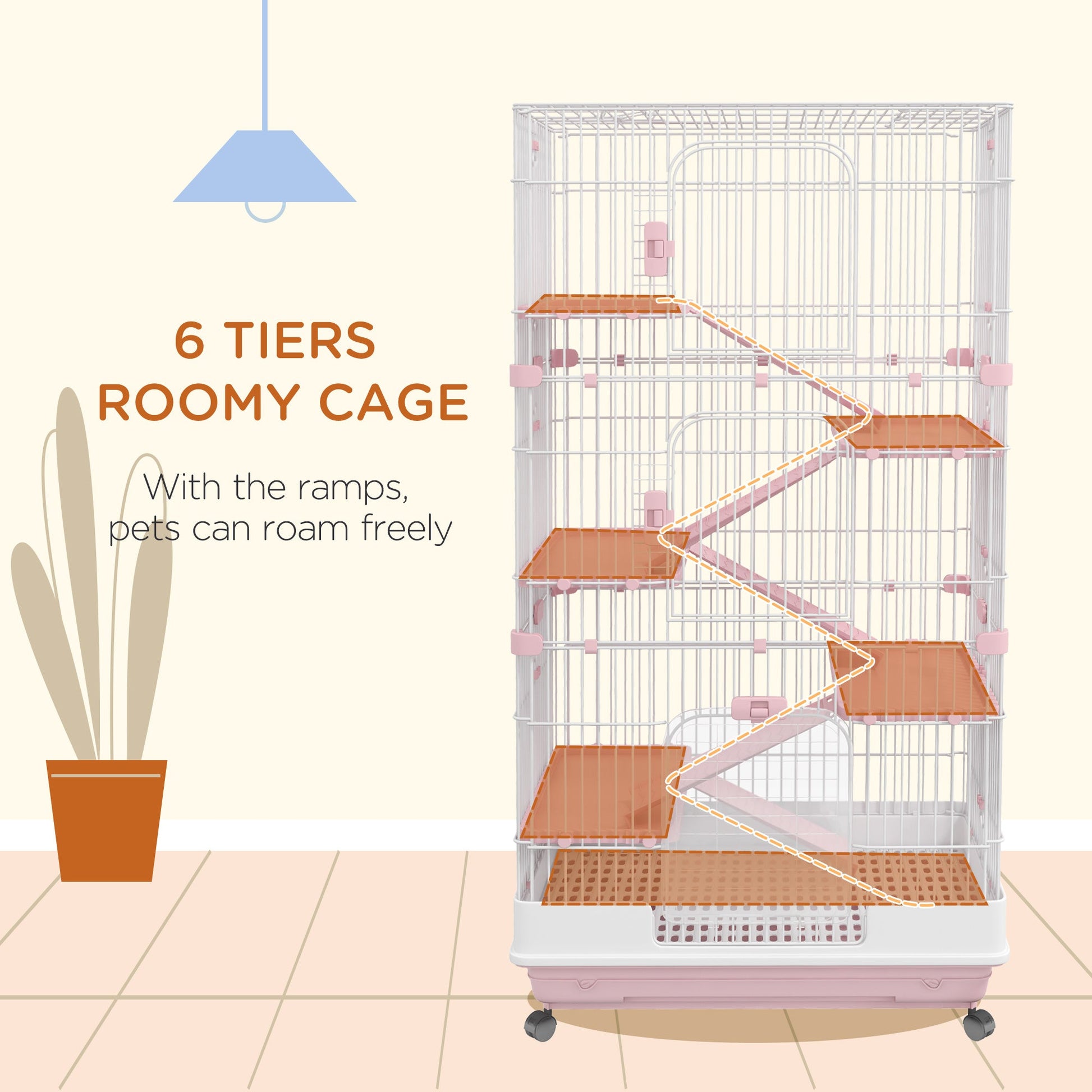 63"H 6-Level Small Animal Cage Rabbit Hutch with Universal Lockable Wheels, Slide-out Tray for Bunny, Chinchillas, Ferret, Pink