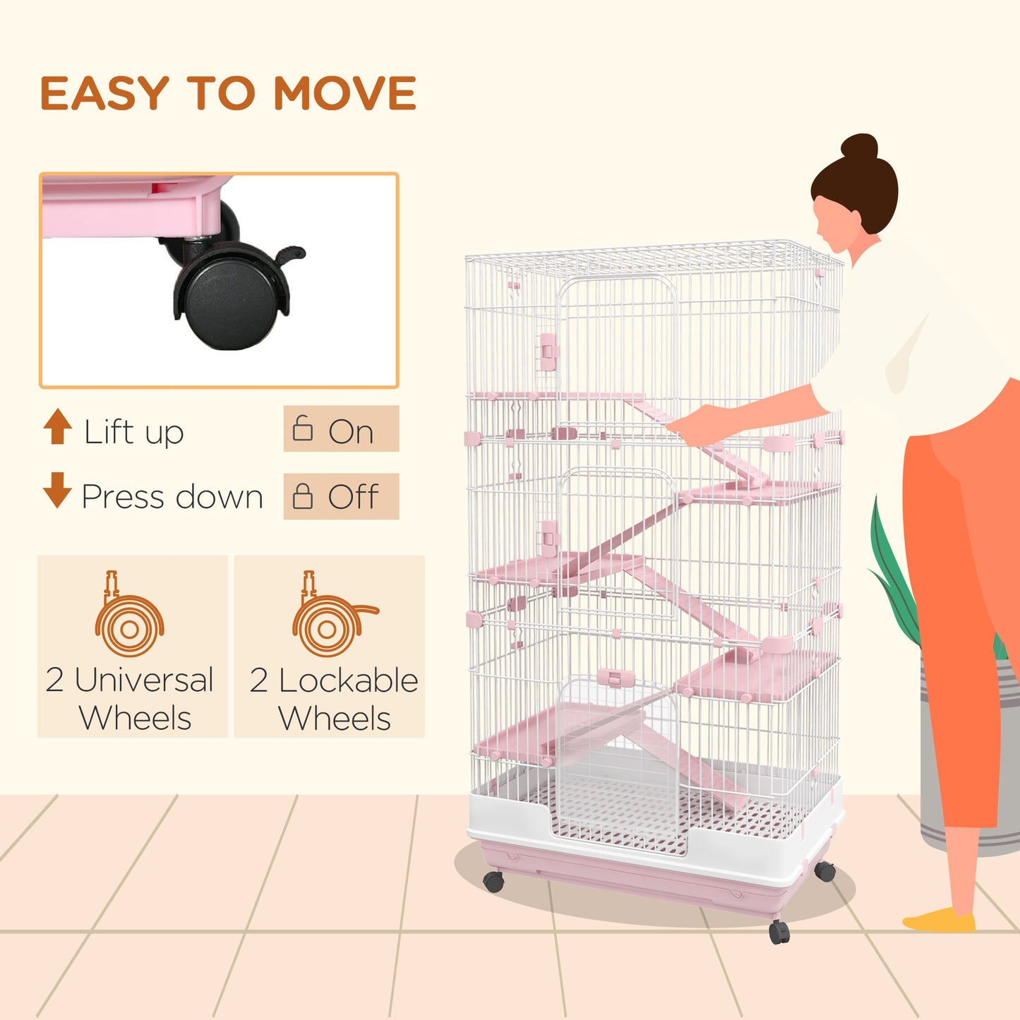 63"H 6-Level Small Animal Cage Rabbit Hutch with Universal Lockable Wheels, Slide-out Tray for Bunny, Chinchillas, Ferret, Pink