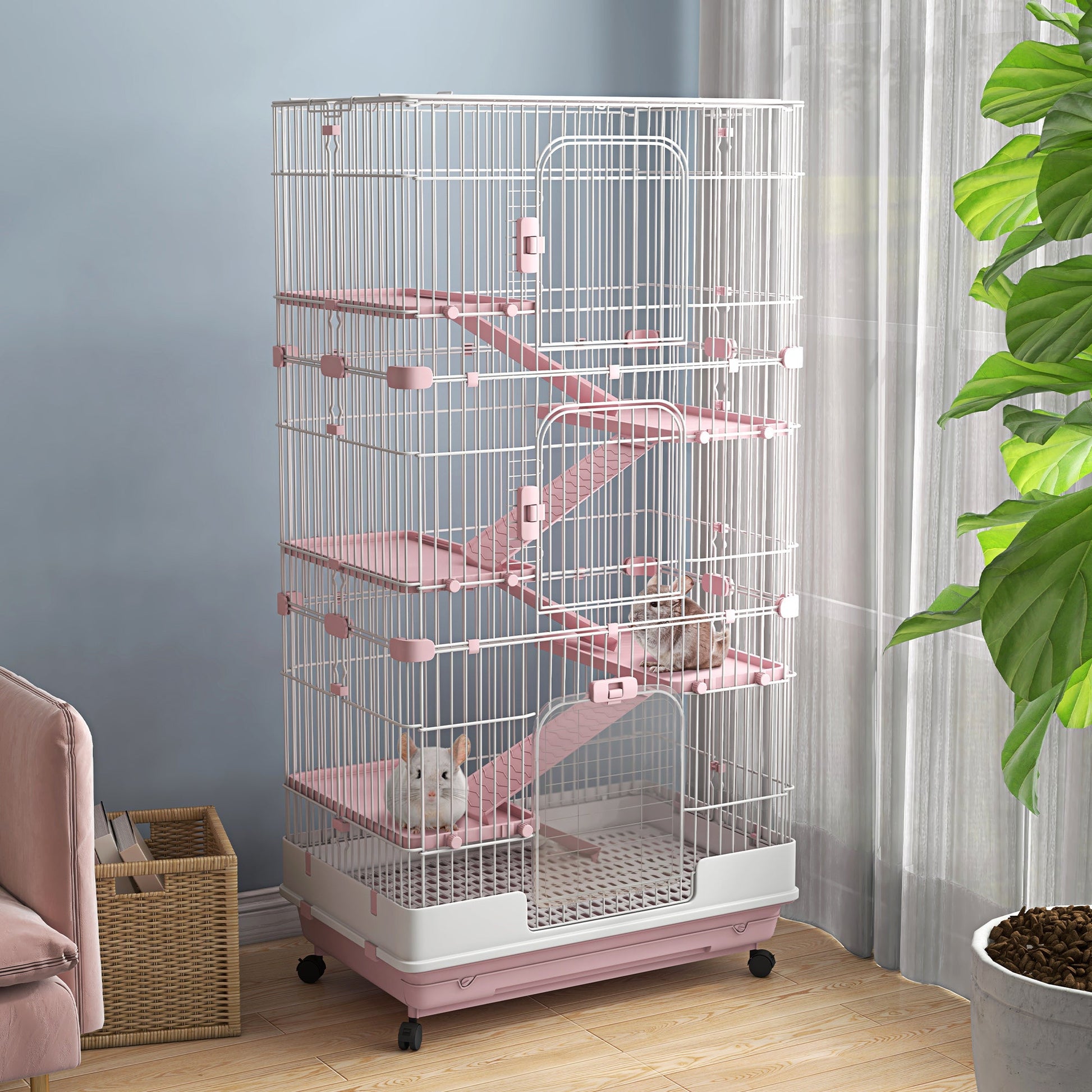 63"H 6-Level Small Animal Cage Rabbit Hutch with Universal Lockable Wheels, Slide-out Tray for Bunny, Chinchillas, Ferret, Pink