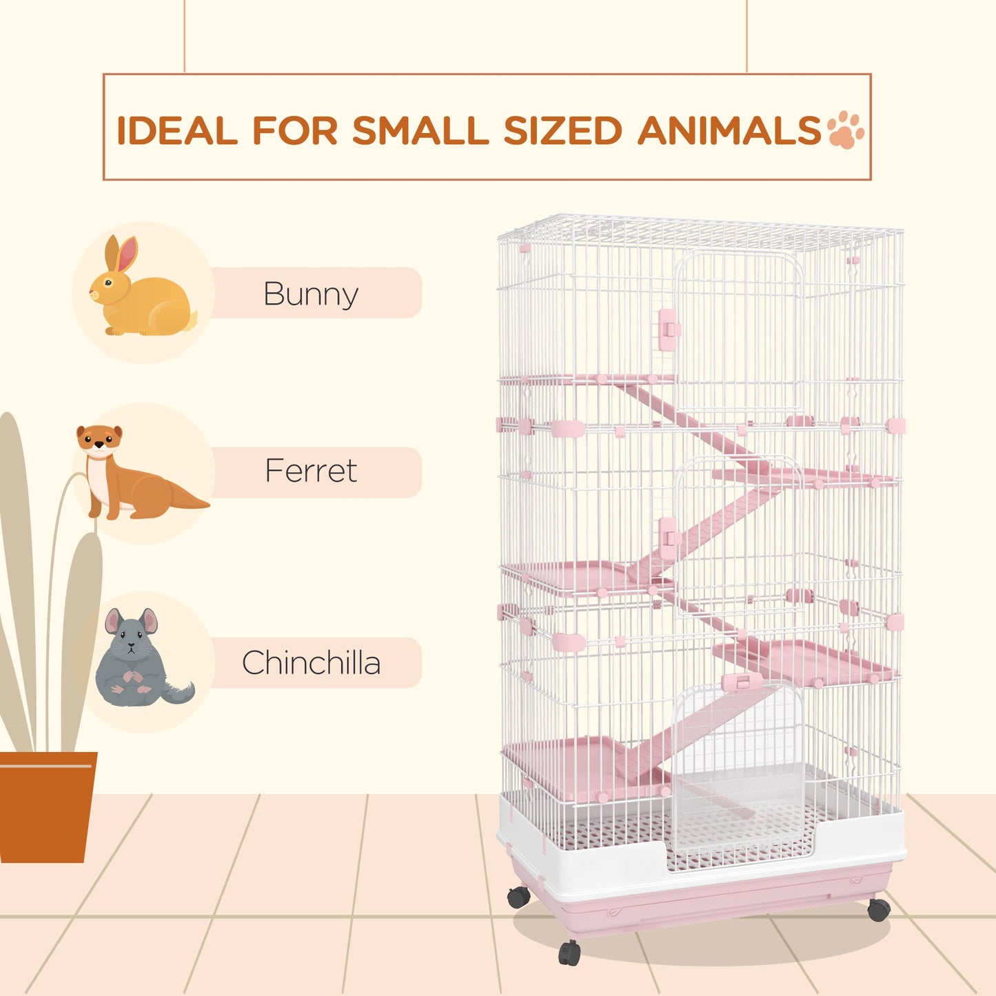 63"H 6-Level Small Animal Cage Rabbit Hutch with Universal Lockable Wheels, Slide-out Tray for Bunny, Chinchillas, Ferret, Pink