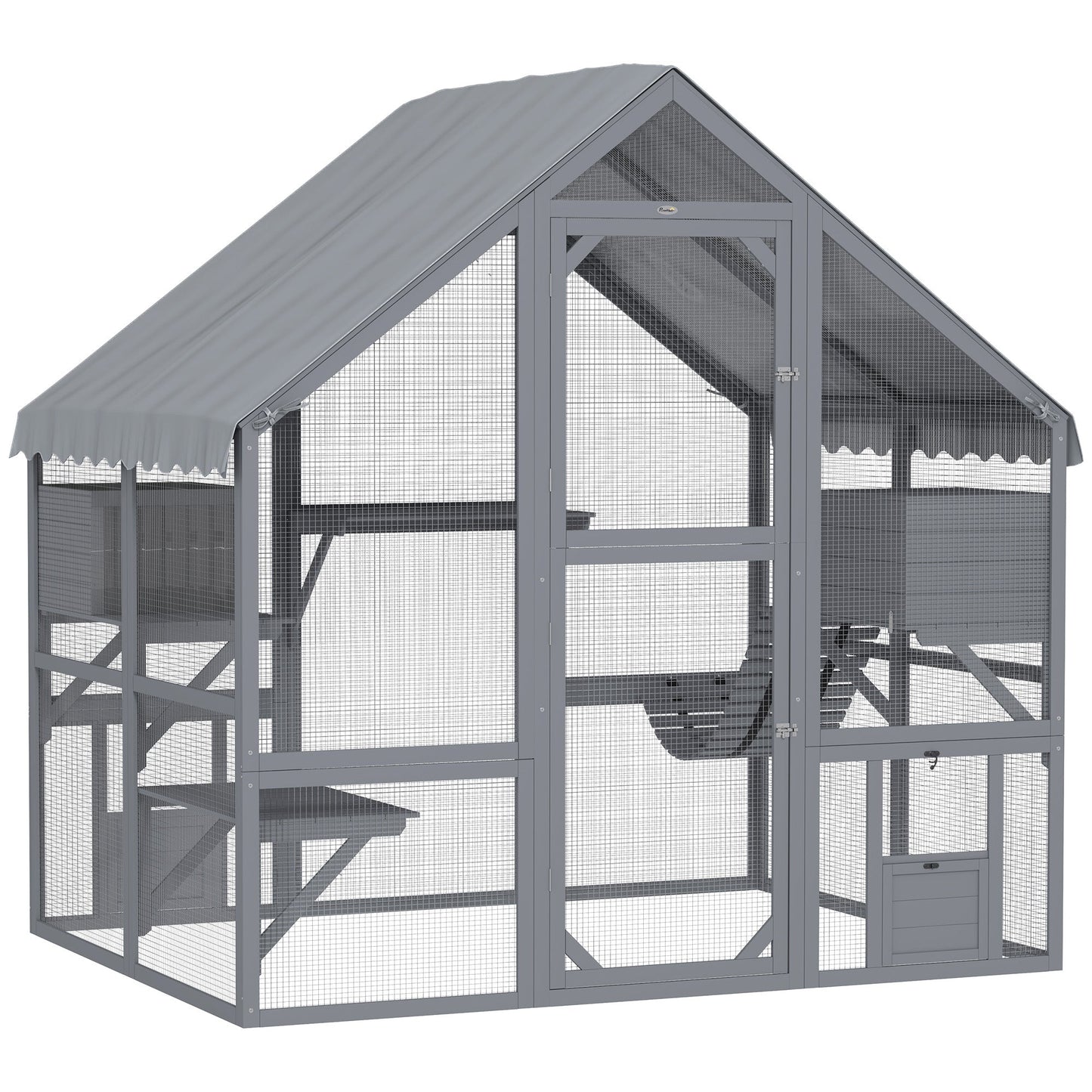 Catio Outdoor Cat Enclosure, Large Kitten House with Waterproof Cover, 2 Resting Boxes, 4 Platforms, Bridge, Wooden Cat Cage Outdoor for 2-4 Kittens, 73" x 55" x 74", Grey